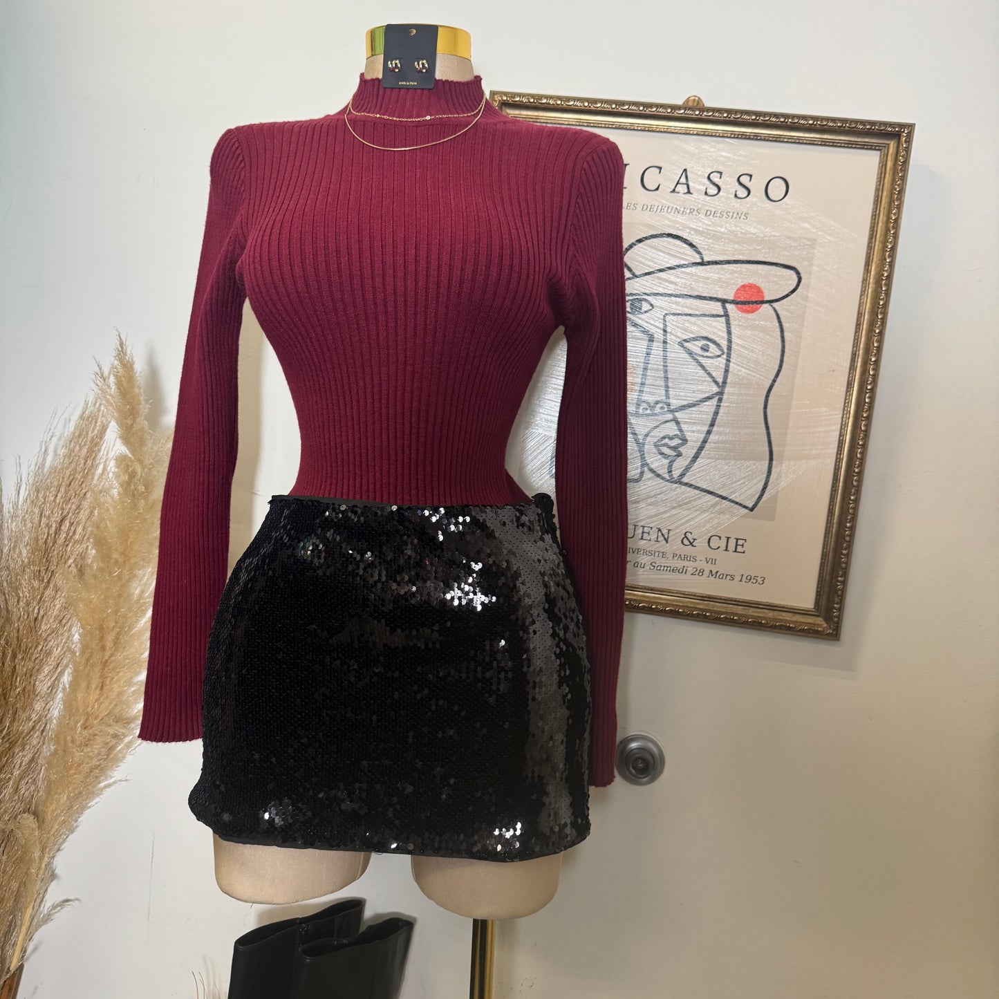 Ribbed Mock Neck Long sleeve-Burgundy