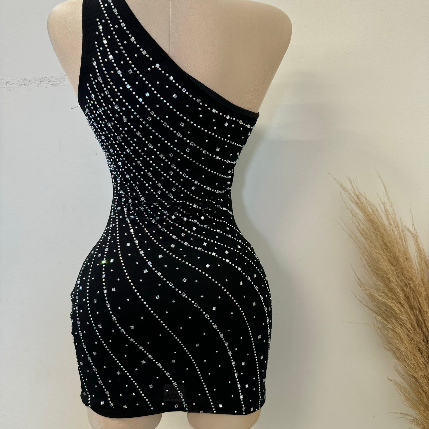 One Shoulder Rhinestone Dress-Black