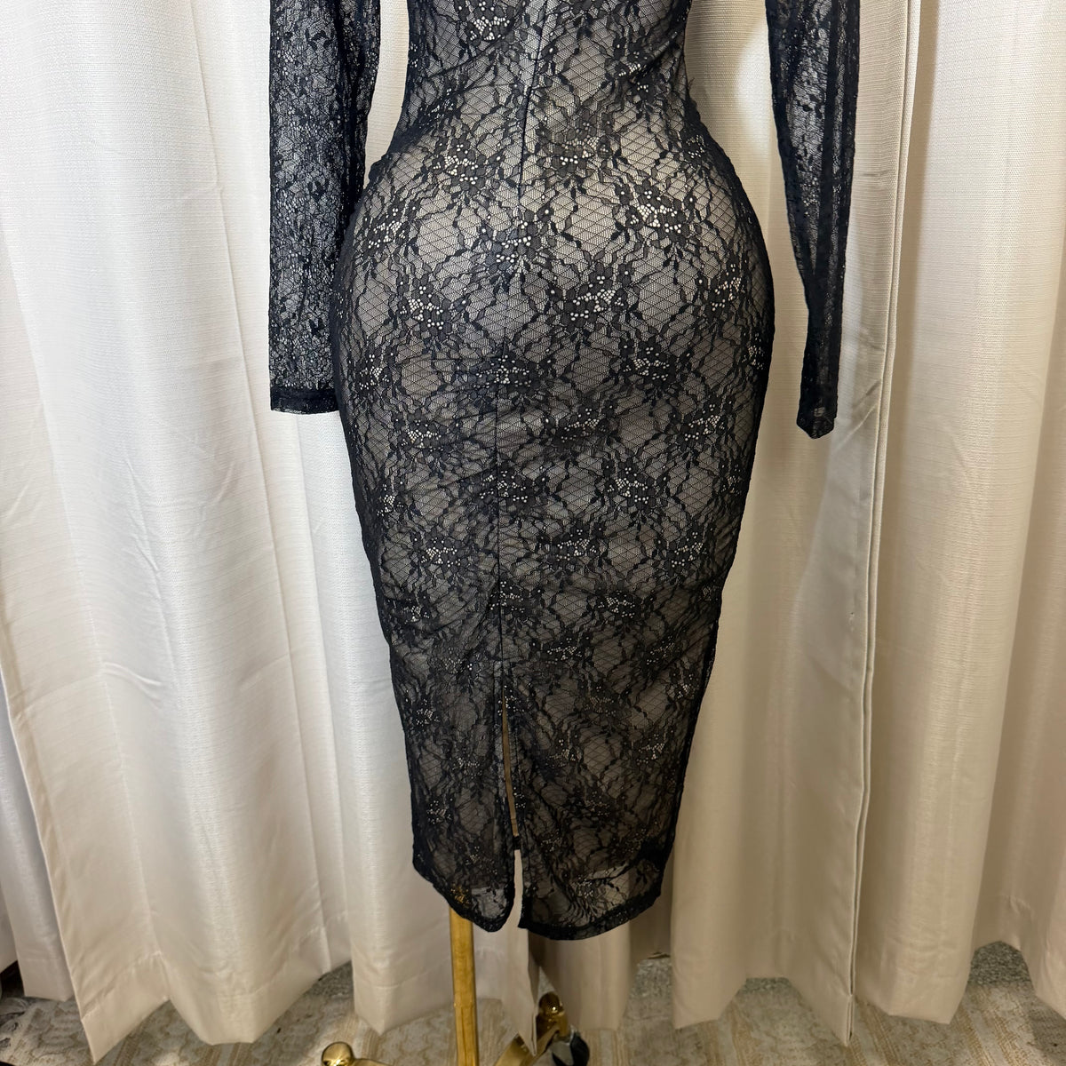 Lace  Long sleeve Sleeve Corset  Midi Dress-Black