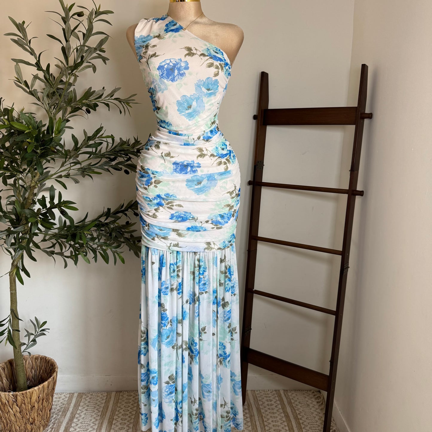 One Shoulder Mesh Maxi Dress-Blue/White