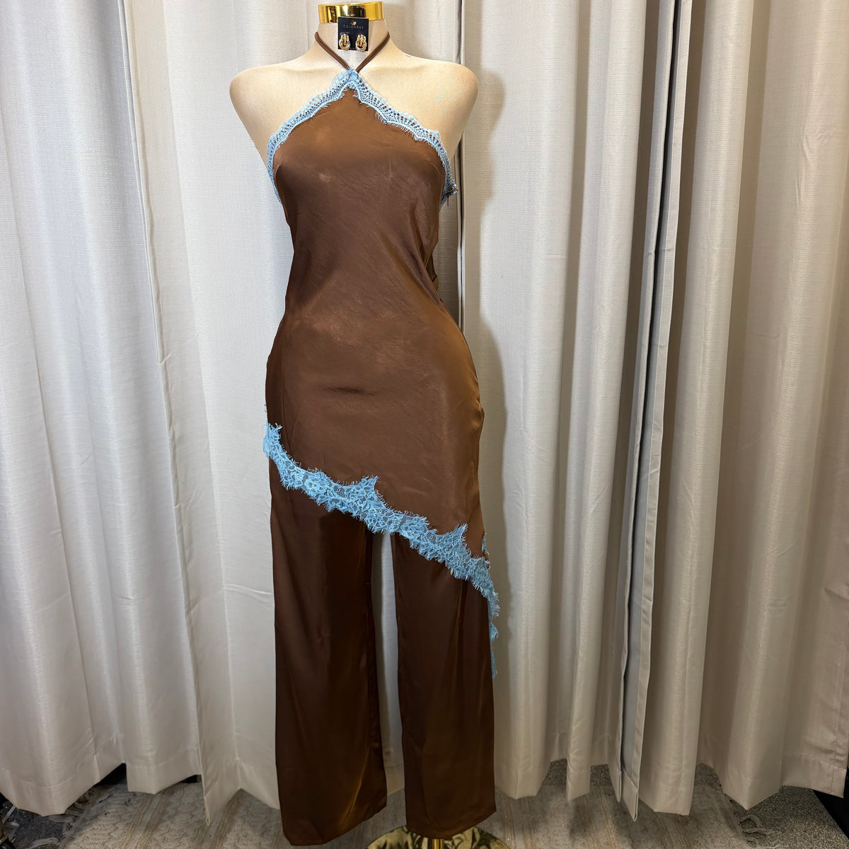 Contrast Lace Trim Satin Halter Jumpsuit-Brown/Blue