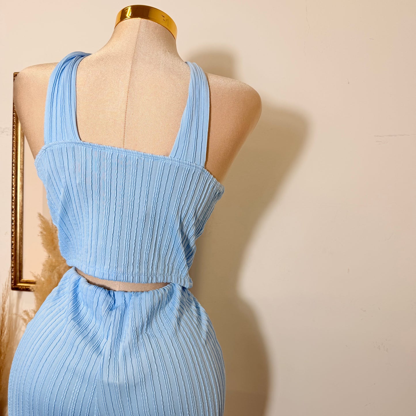 Front Cut Out Jewel Decor Halter Style Top and Pant Set-Baby Blue