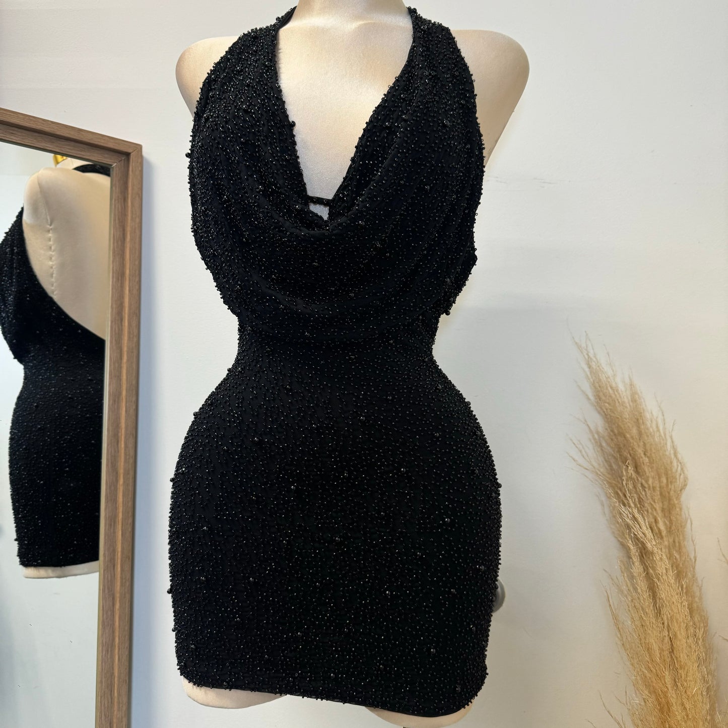 Cowl beaded Halter Dress-Black