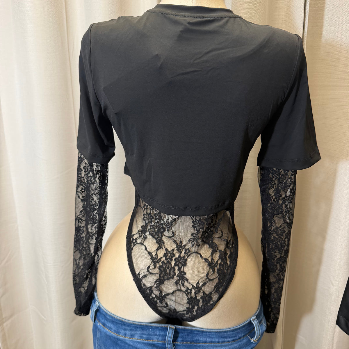 Layered Lace Bodysuit with T-Shirt Overlay-Black