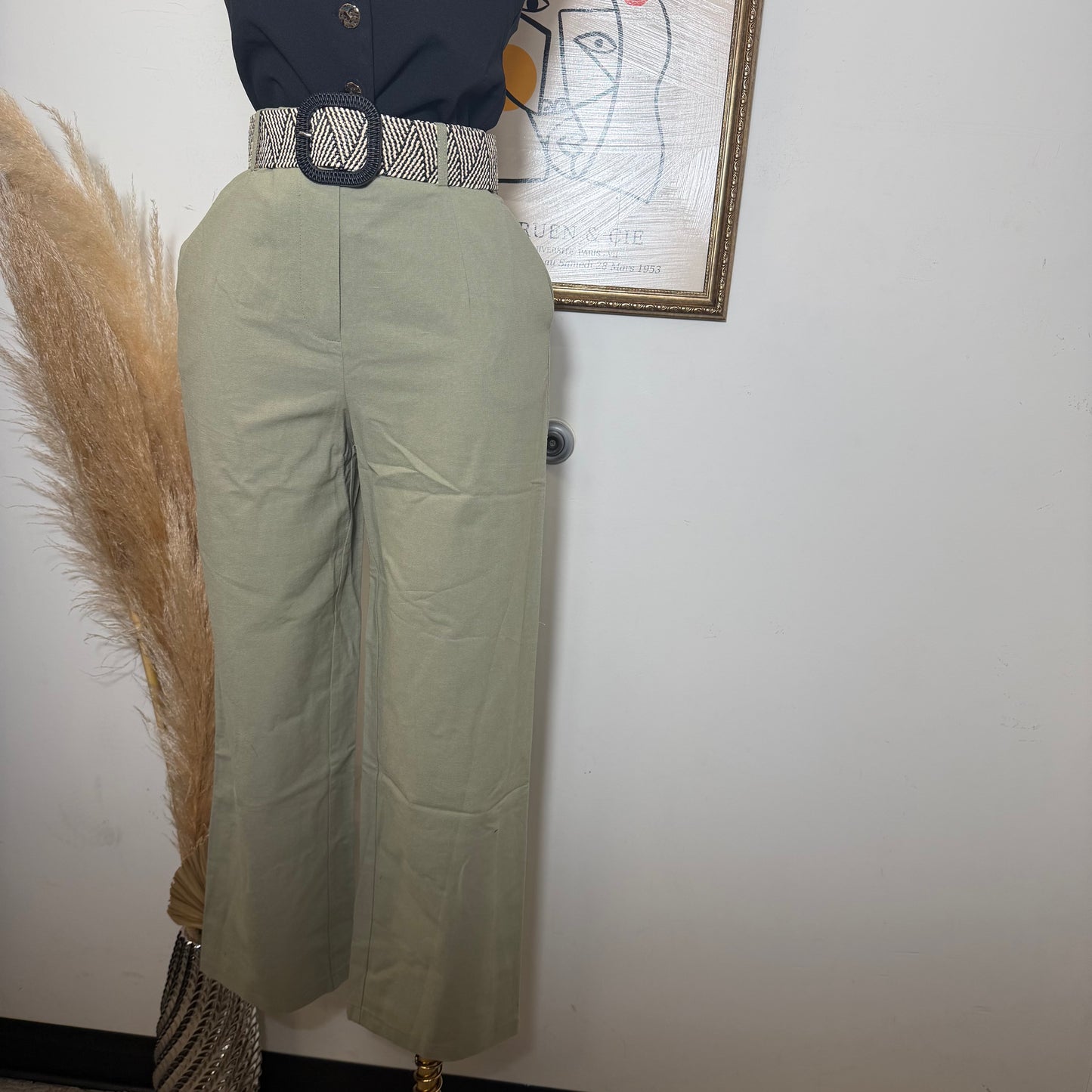 Linen Tribal Pattern Belt Wide Leg Pants-Sage