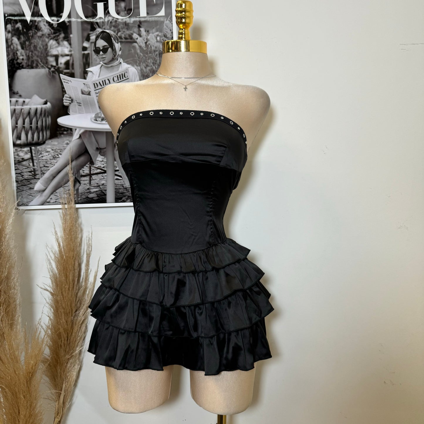 Black Tube Mini Dress With Ruffle-Black
