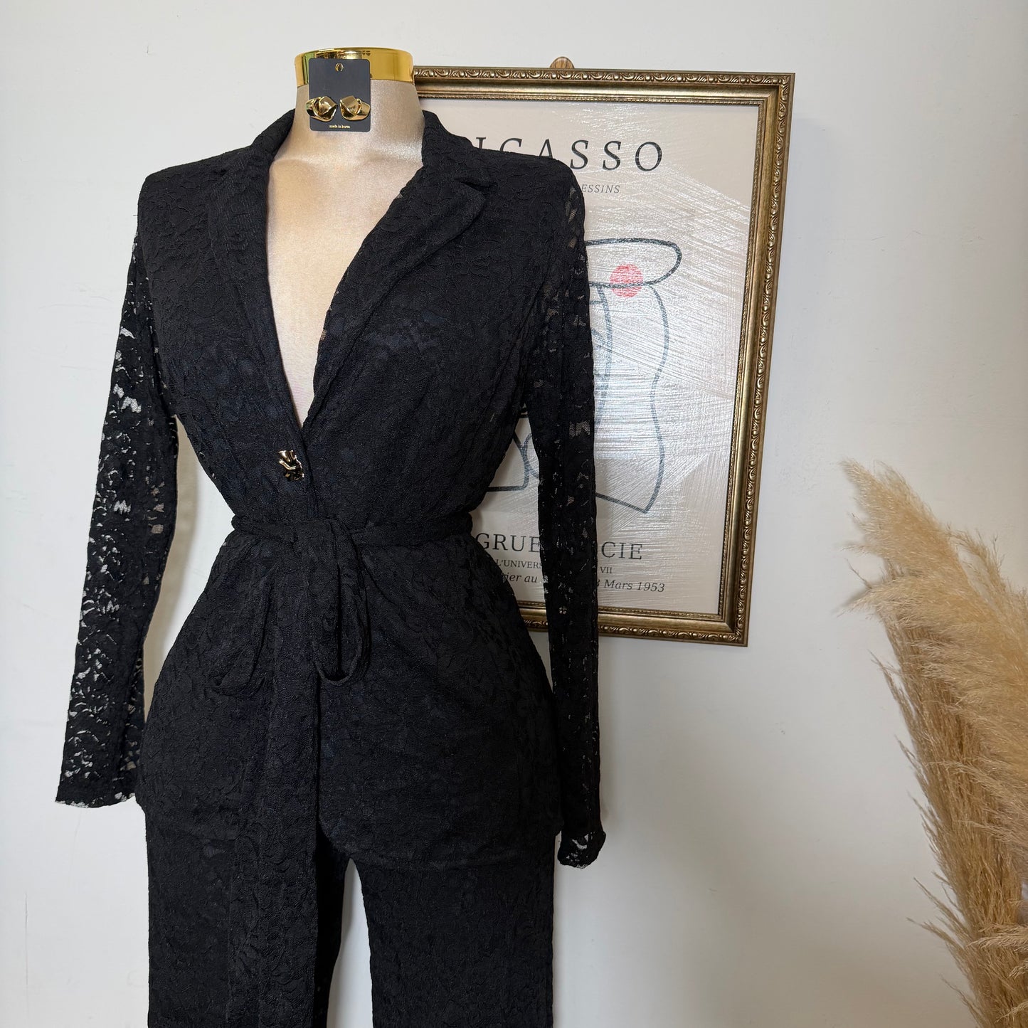 Lace blazer Pant Set -Black