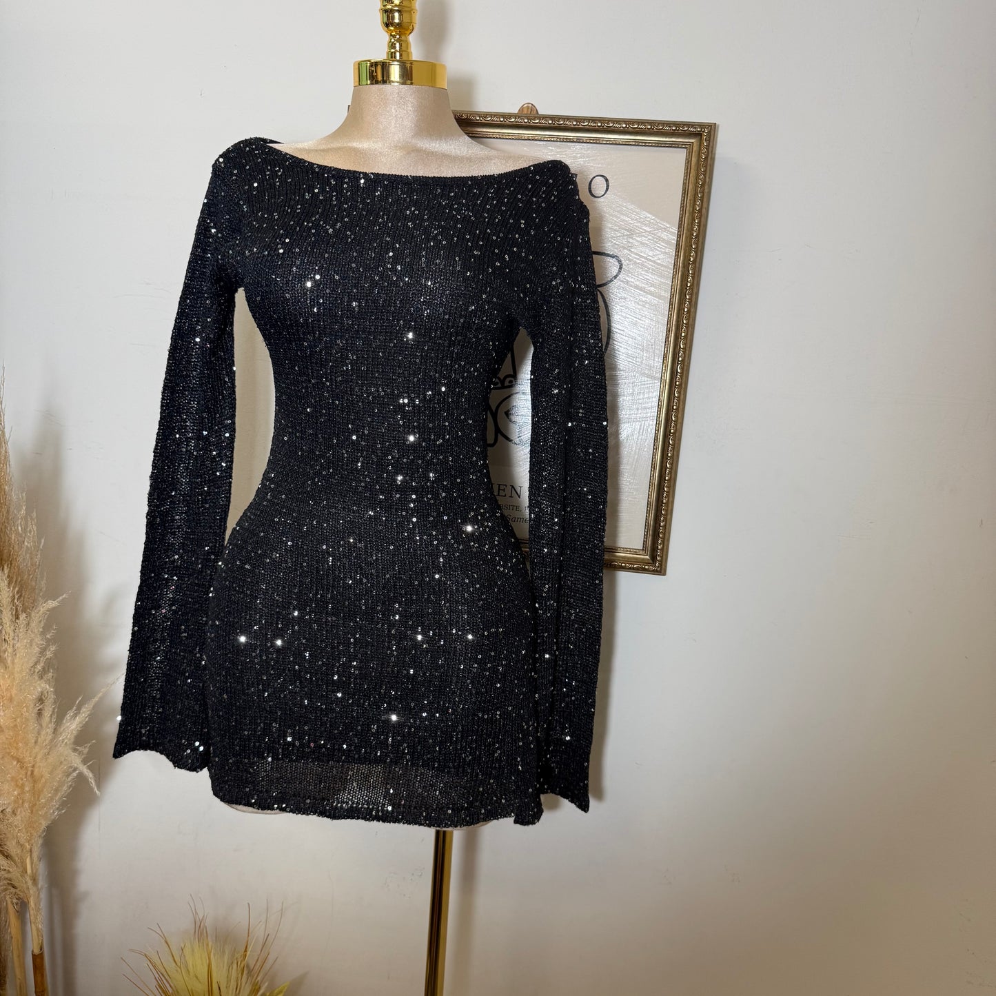 Long Sleeve Sequin Sweater Mini Dress-Black