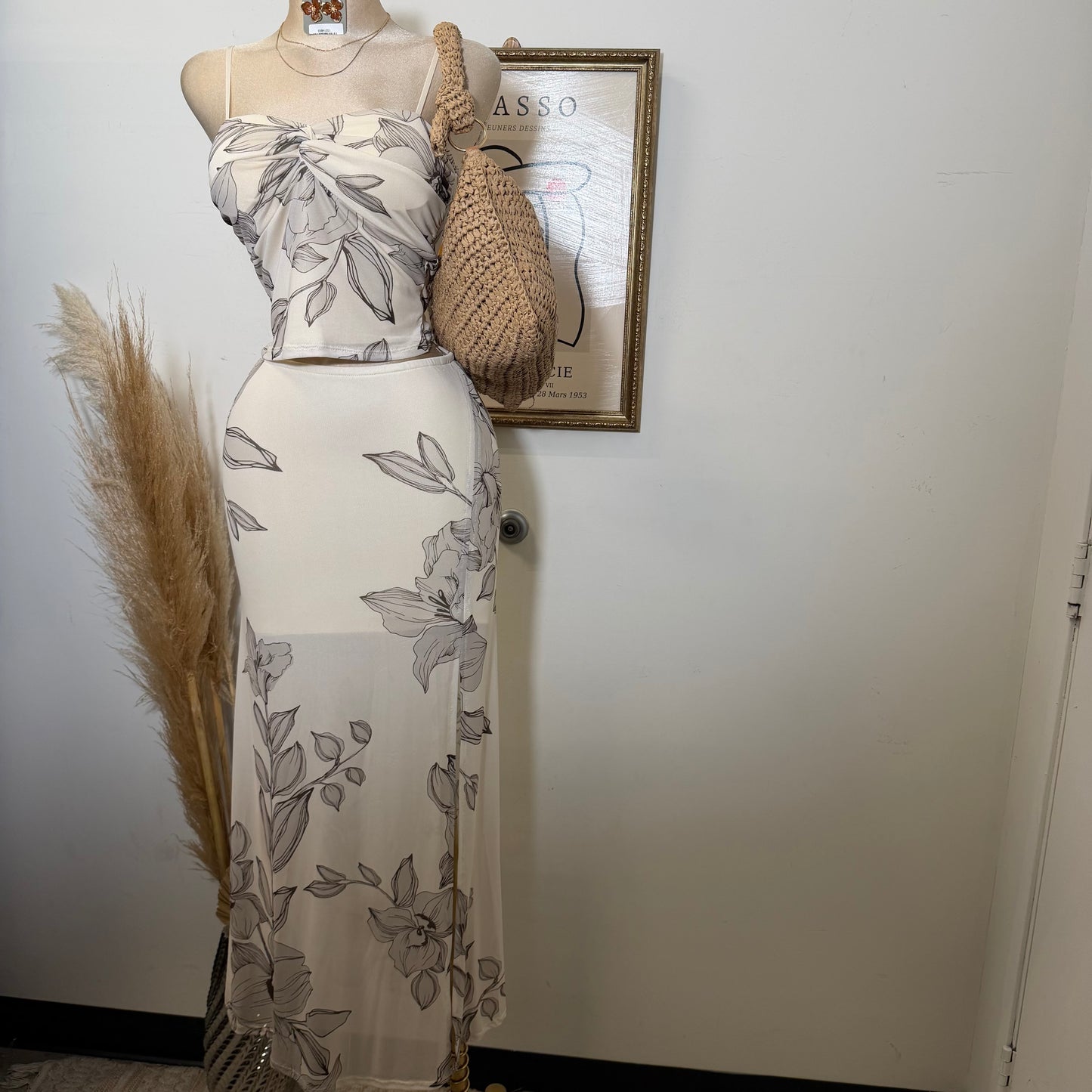 Mesh Print Twist Cami Top & Slit Maxi Skirt-Sand/Brown