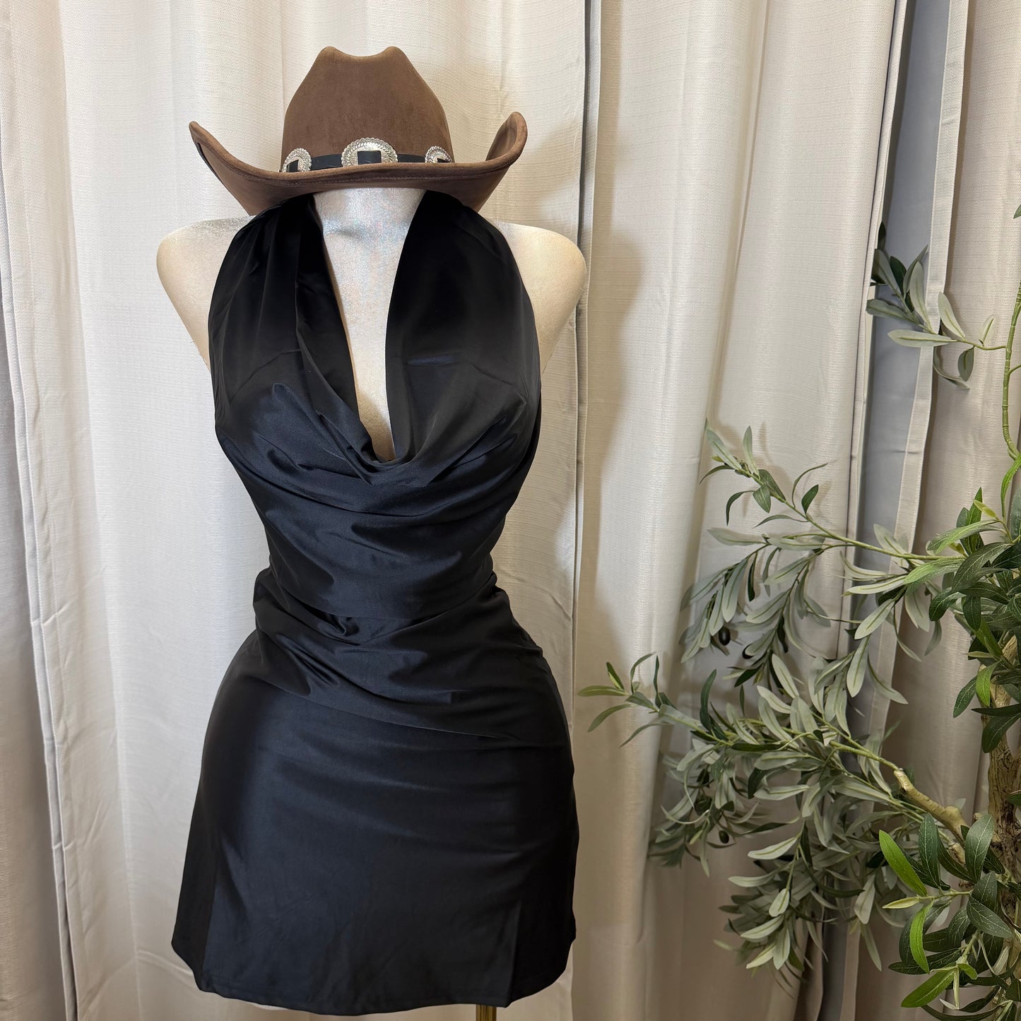 Satin Halter Dress-Black