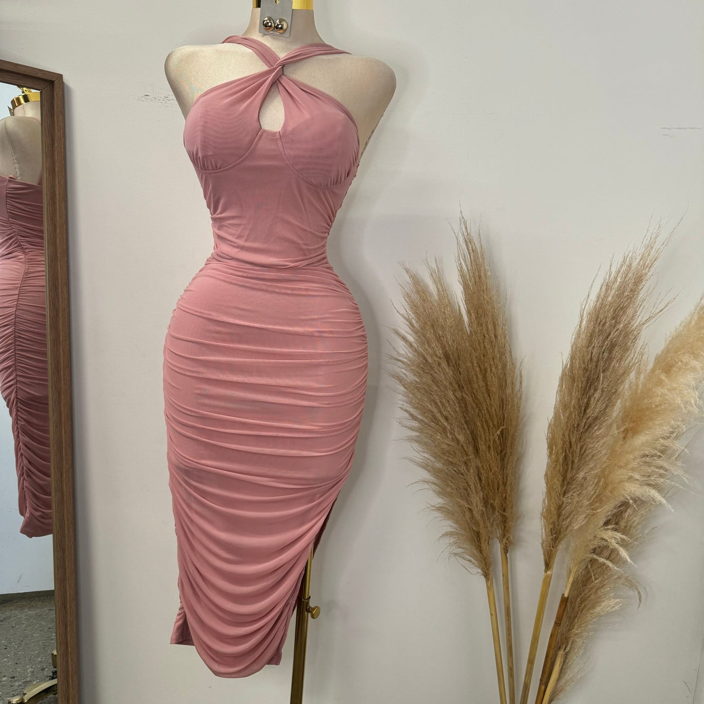 Inara Mesh Twist Halter Neck Midi Dress-Mauve