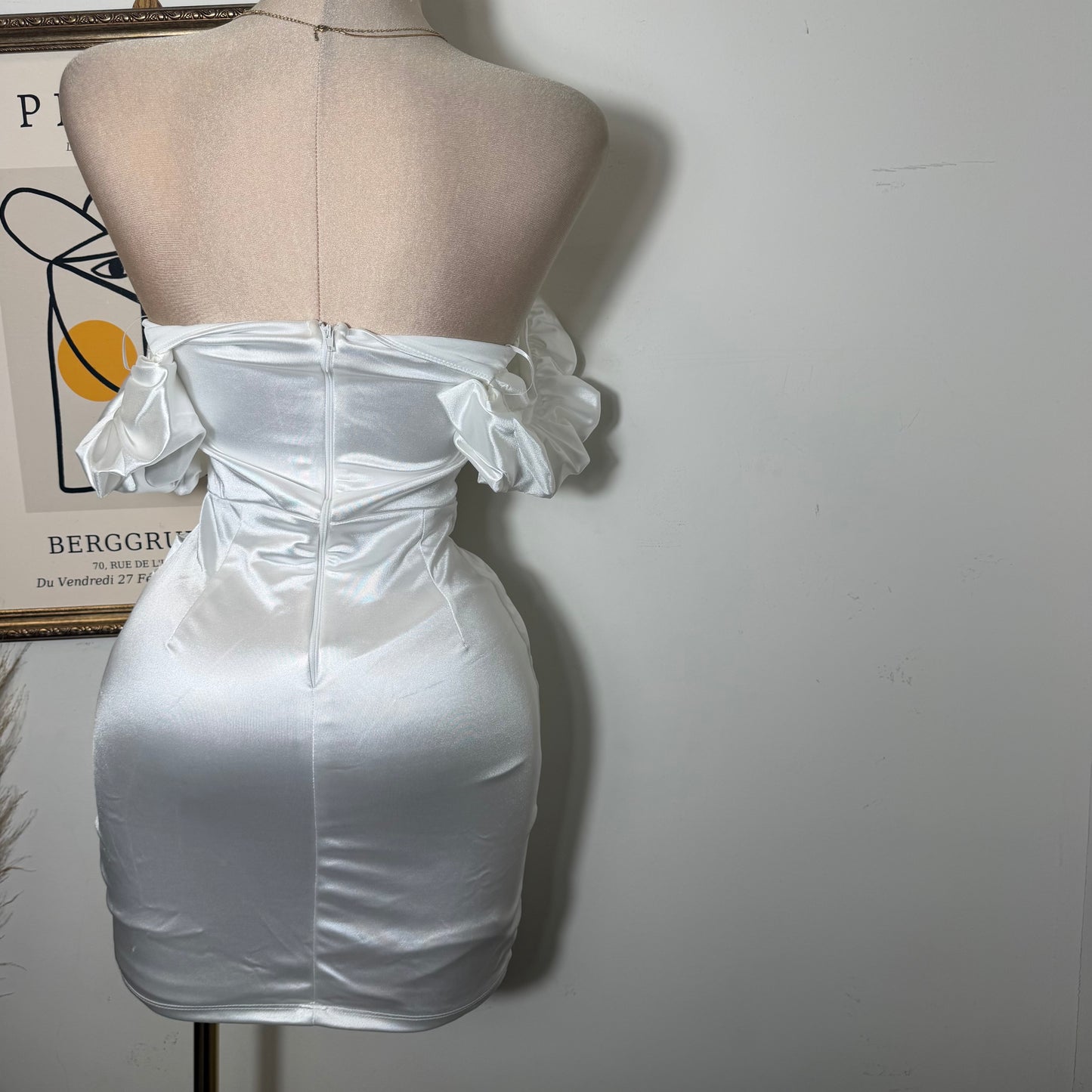 Satin Off Shoulder Dress-White