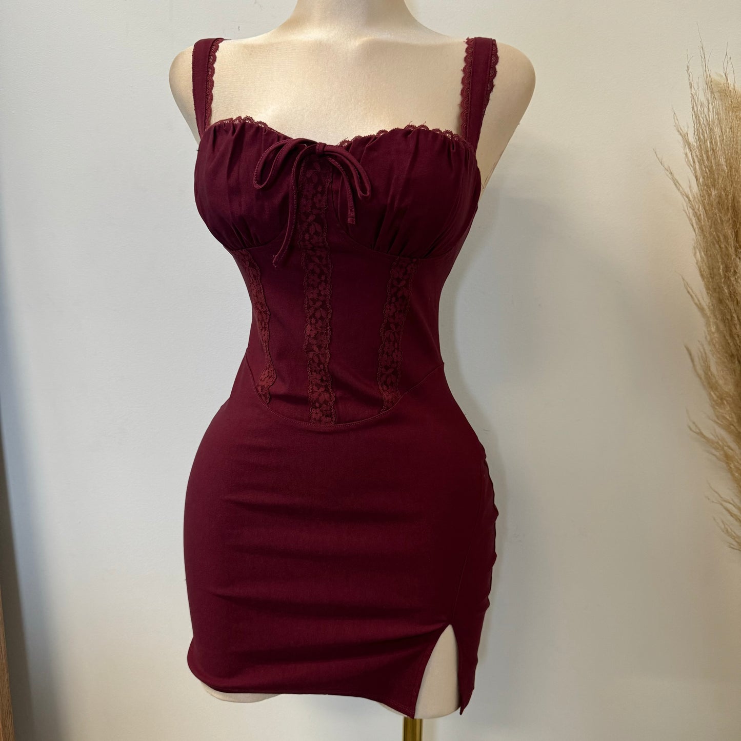 Hera Lace Trim Mini Dress-Burgundy