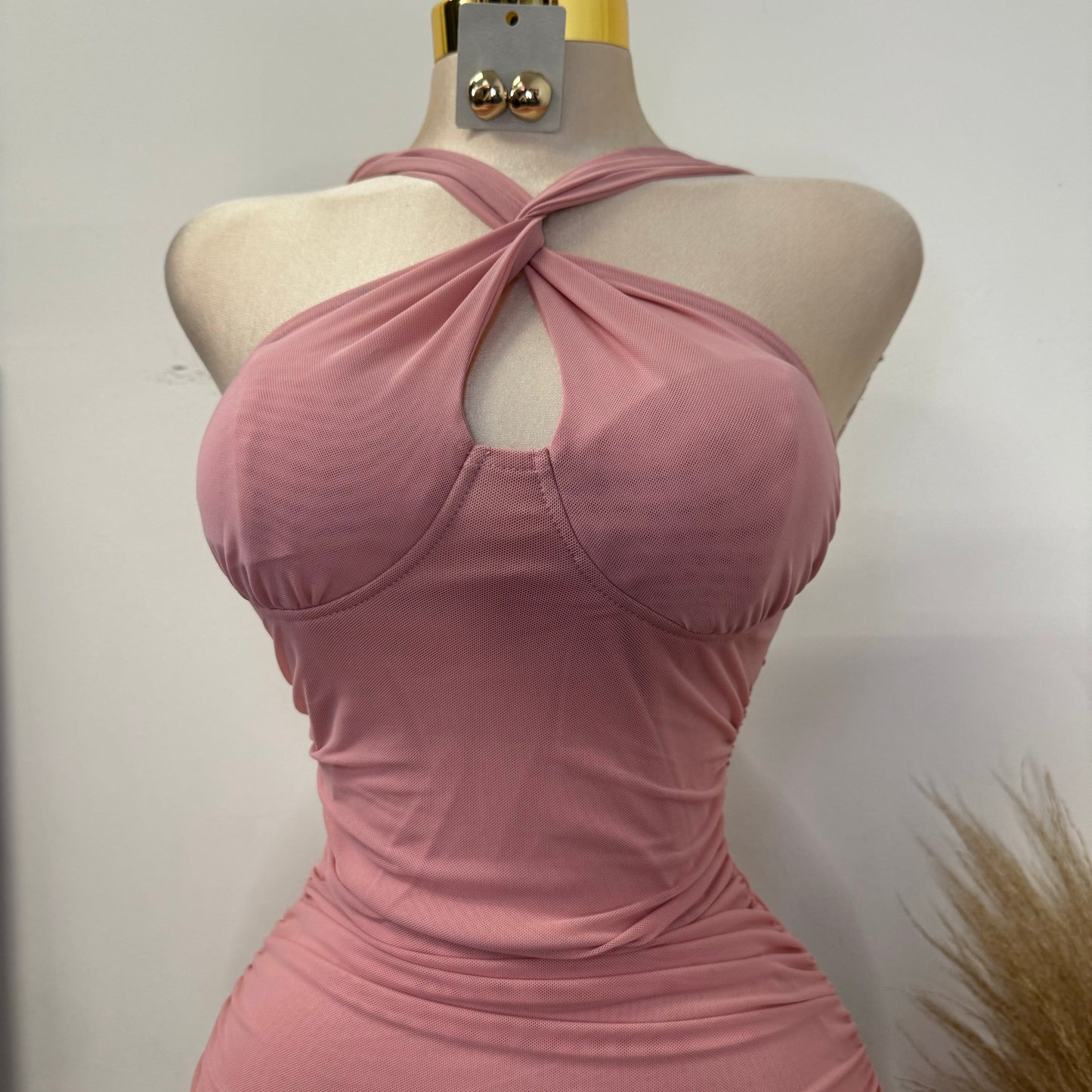 Inara Mesh Twist Halter Neck Midi Dress-Mauve