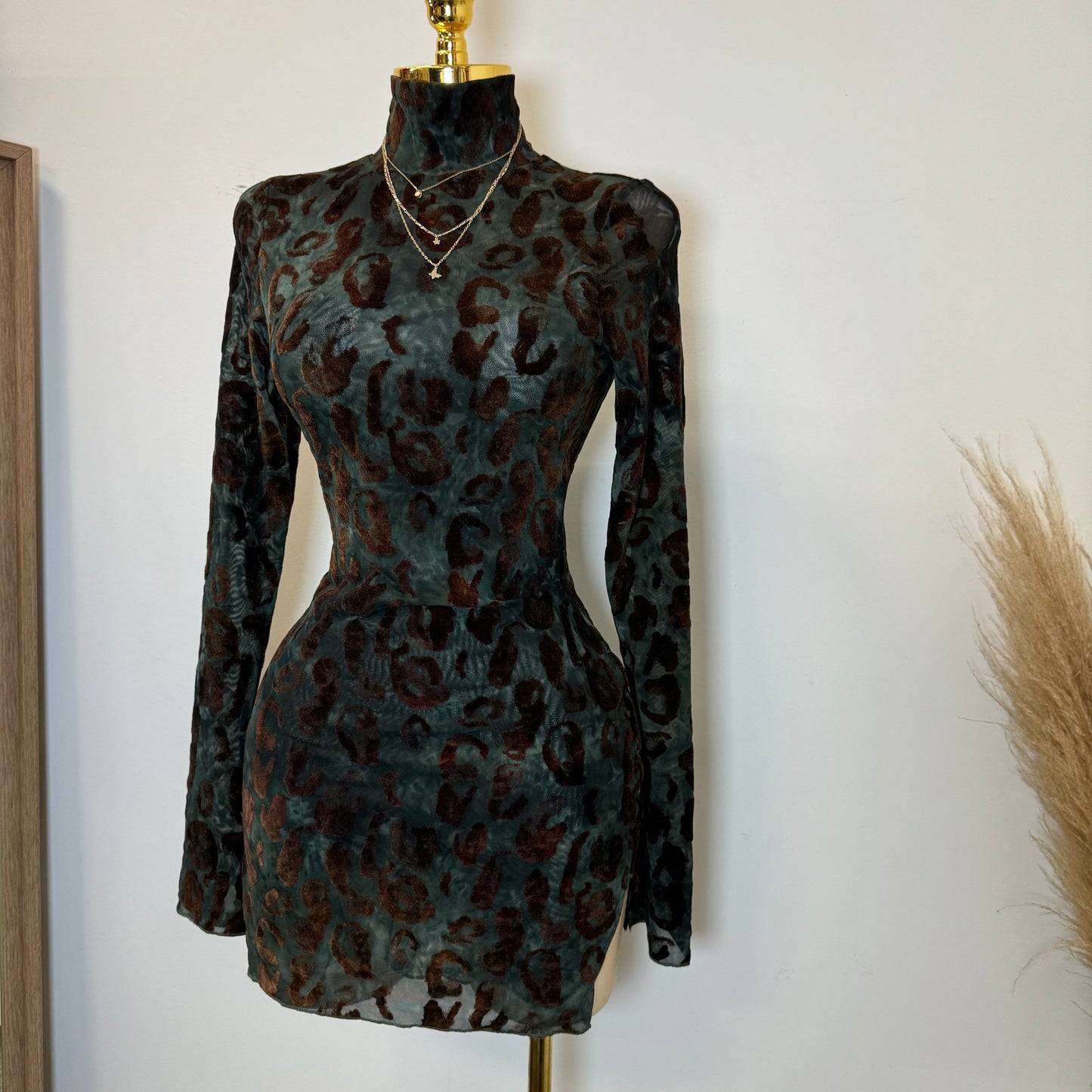 Cheetah Mesh Long Sleeve Dress-Multi Brown