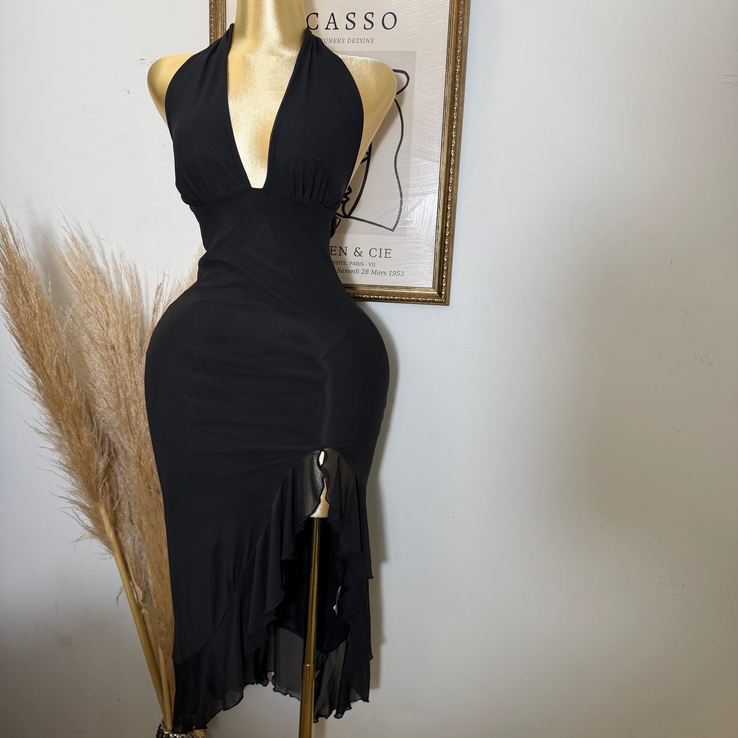 Halter Ruffle Slit Maxi Dress-Black