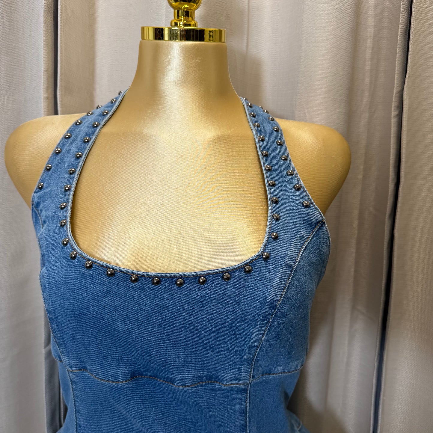 Stud Halter Detail Denim Mini Dress-Denim