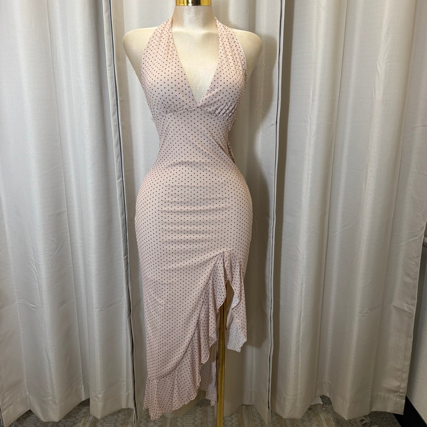 Polka Dot Mesh Halter Maxi Dress-BEIGE