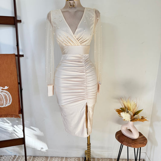 Pearl Beaded Mesh Power Satin Midi Dress-Cream