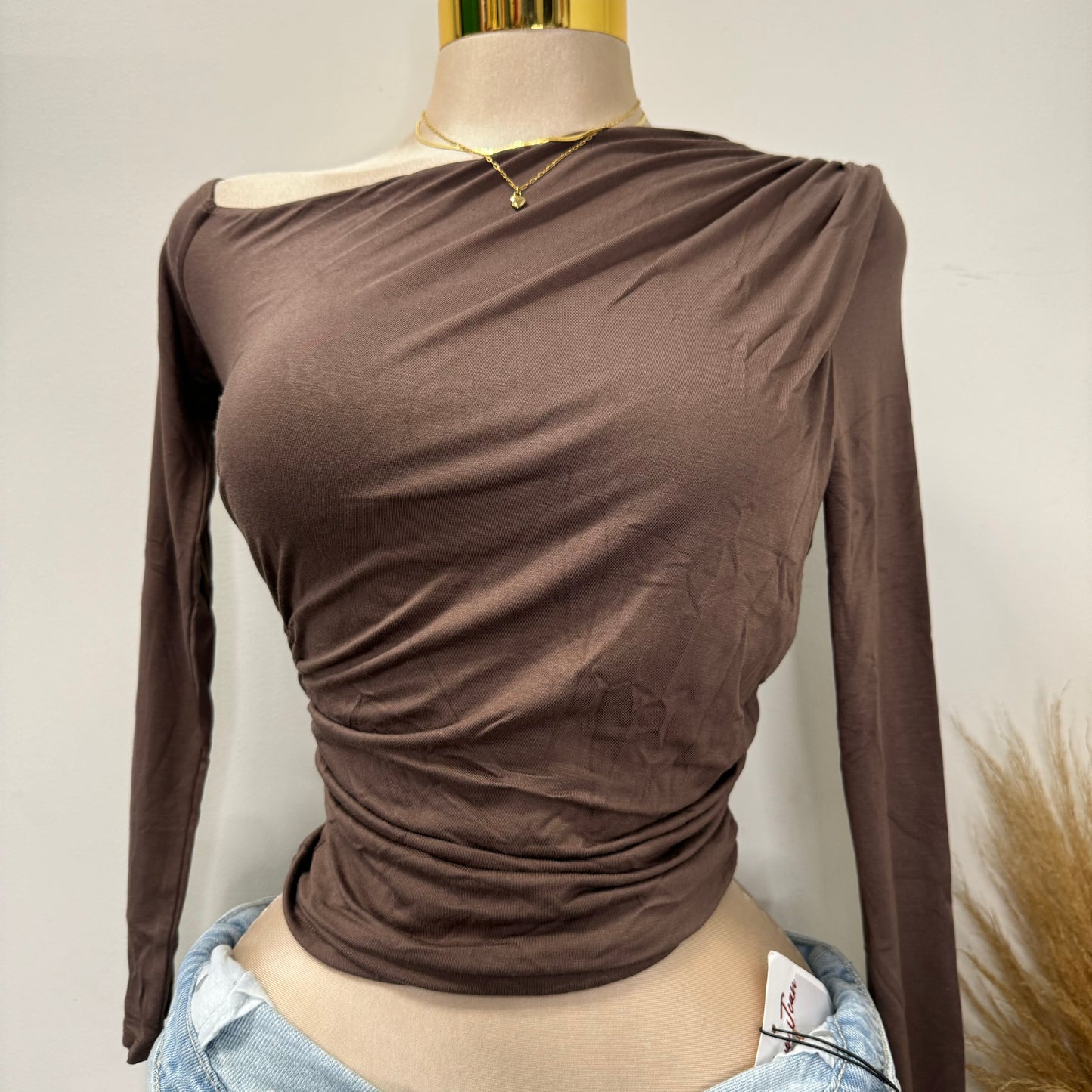 One Shoulder Long Sleeve Top-Brown