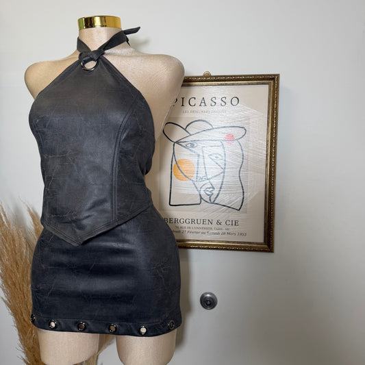 Halter Top and Mini Skirt Set with lace up back -Charcoal