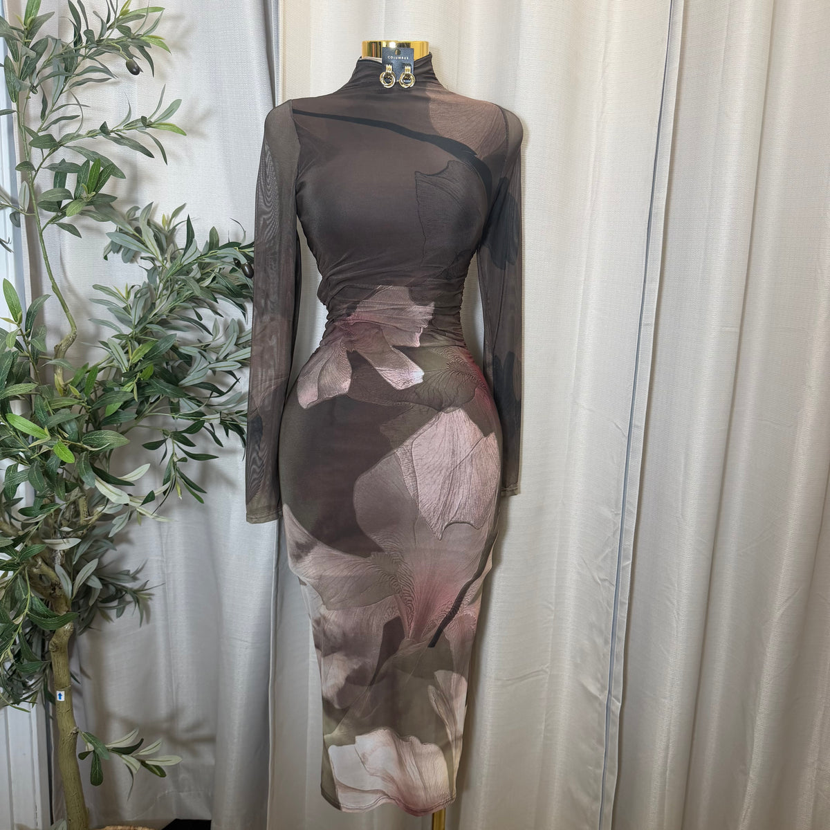 Big Flower Mesh Long sleeve Midi Dress-Olive combo