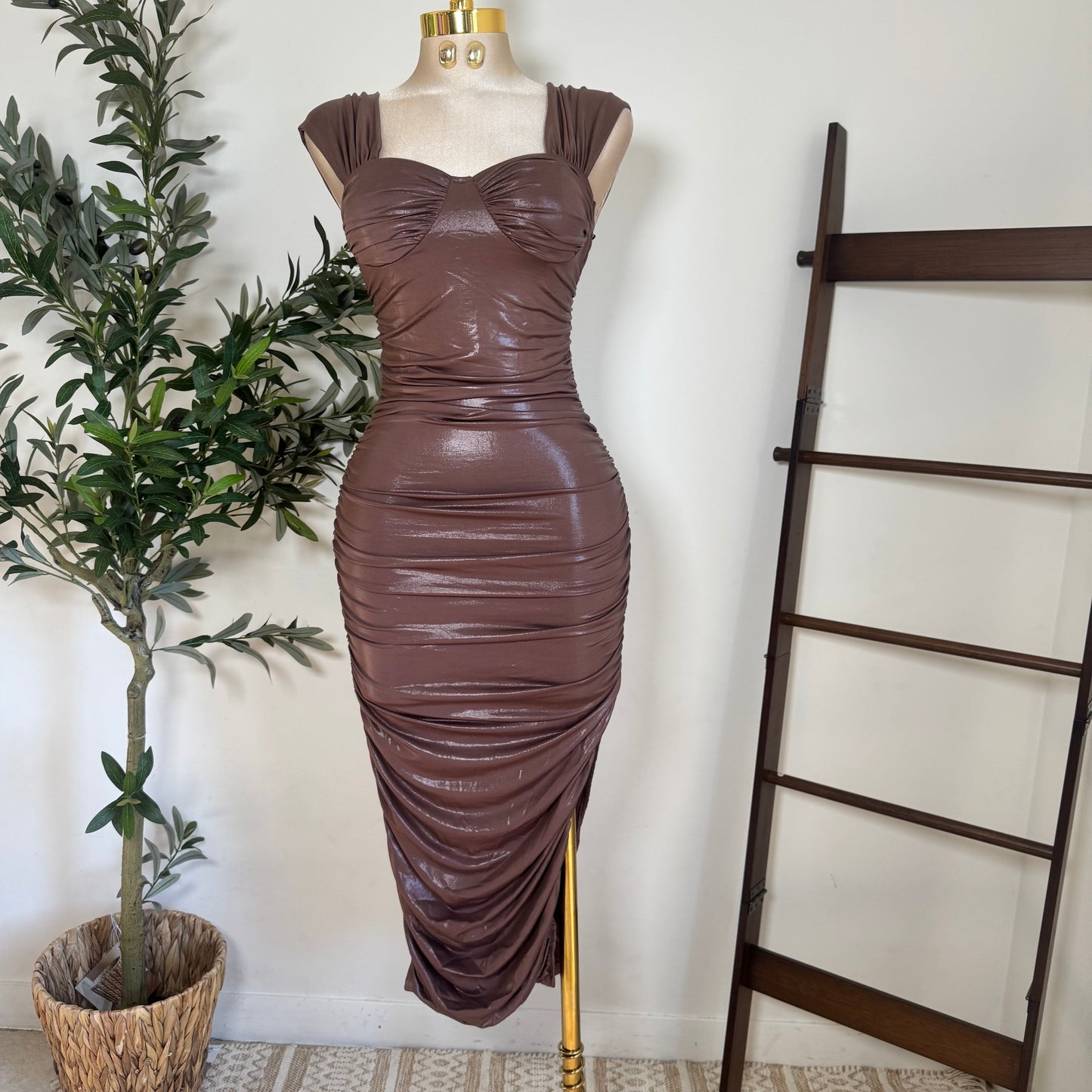 Off Shoulder Bustier Ruching Side slit Mini Dress-Mocha