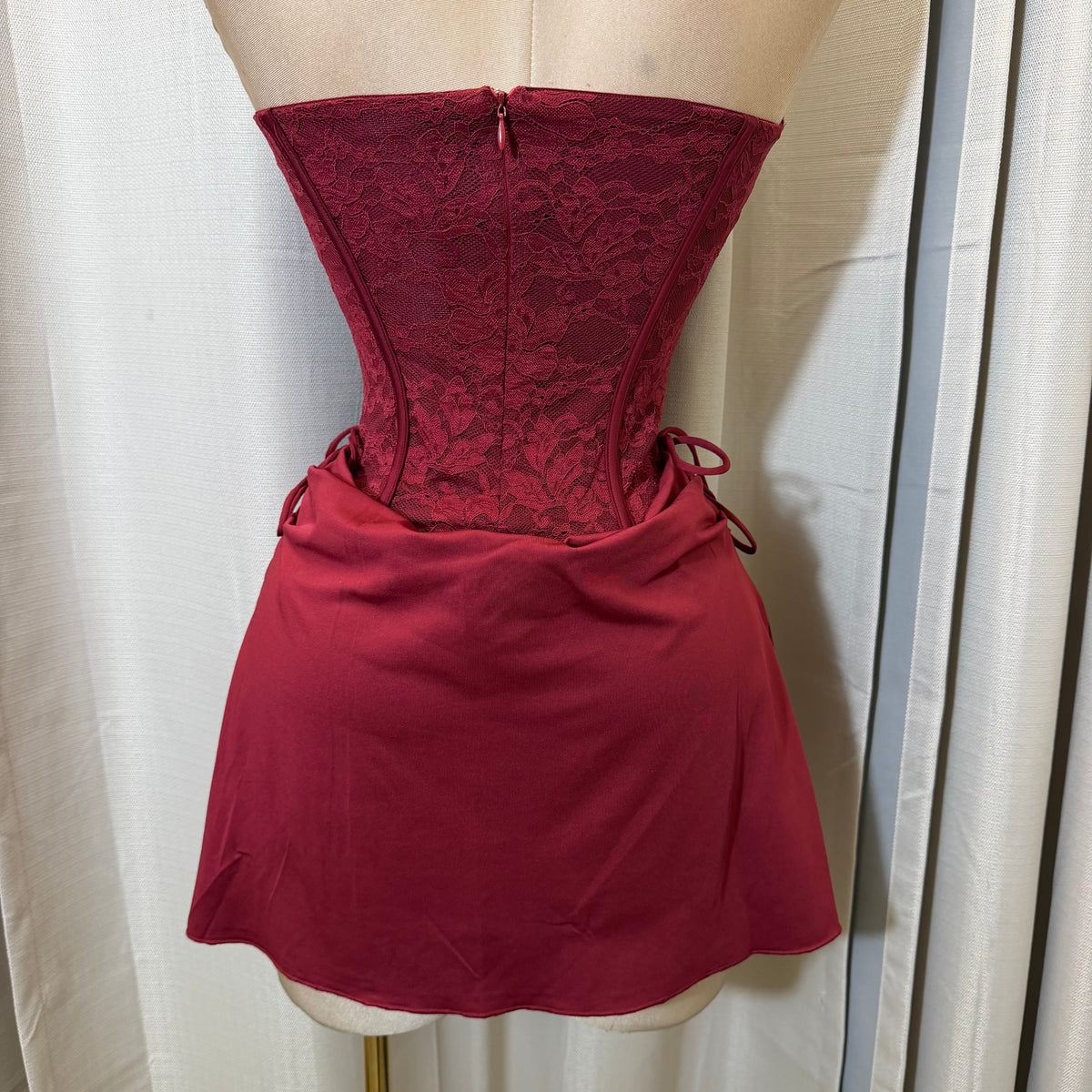 Strapless Lace Corset Cowl Front Mini Dress-Burgundy