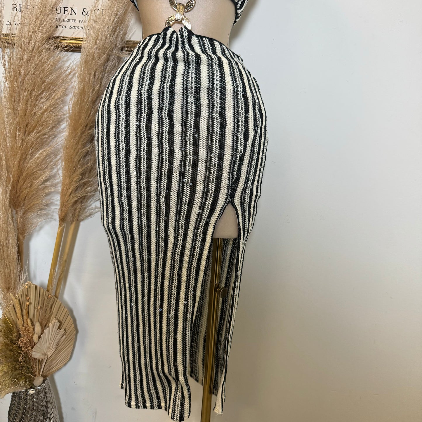 Solid Cut & Sew Knit Cut Out Waist Tie Neck Midi Dress-Black/Oat