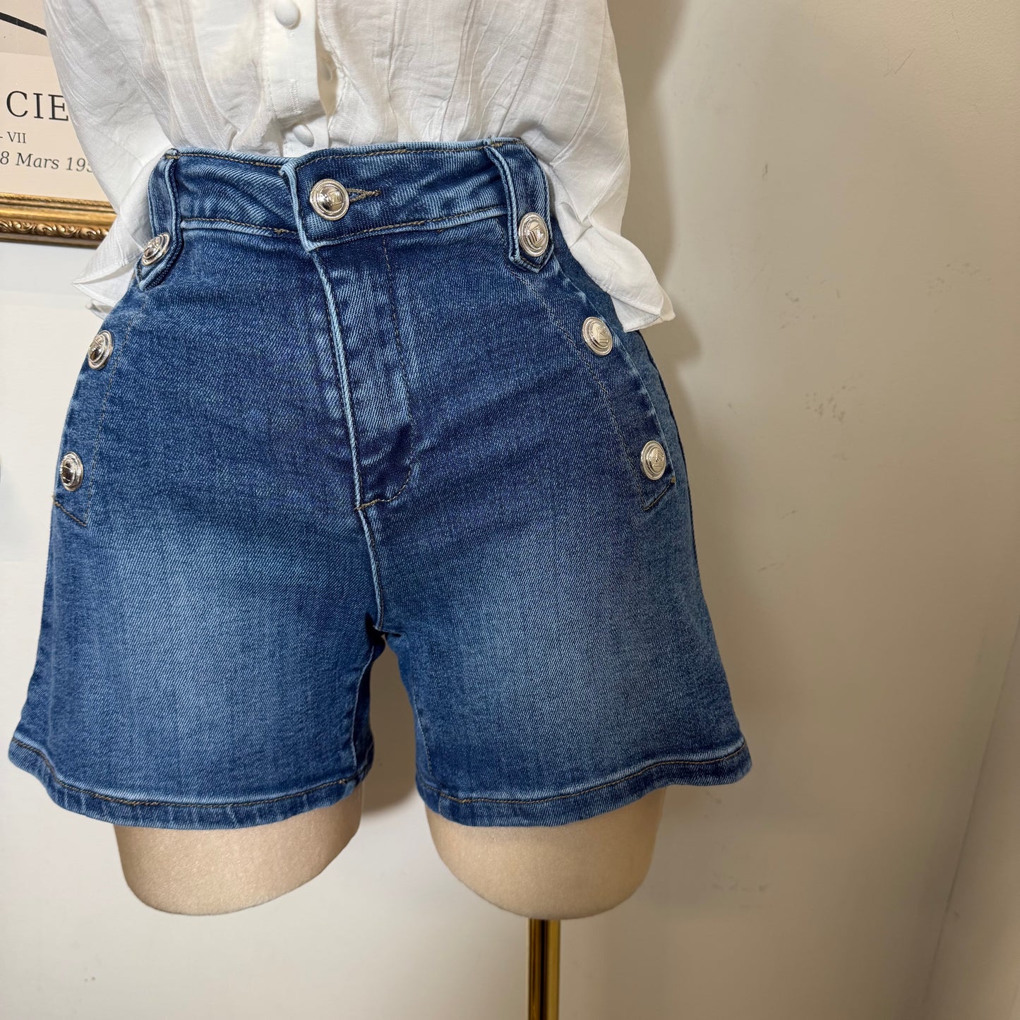 High Waisted Shorts Silver Button-Medium Wash