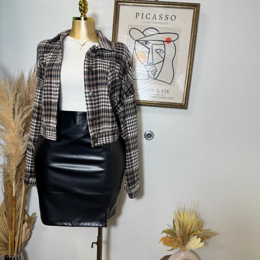 Cropped Button Down Plaid Jacket-Brown