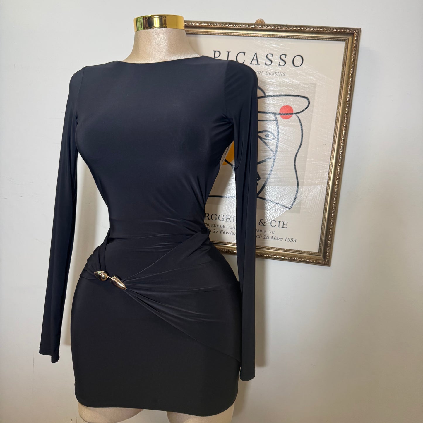 Long Sleeve Drape Trim Detail Mini Dress-Black