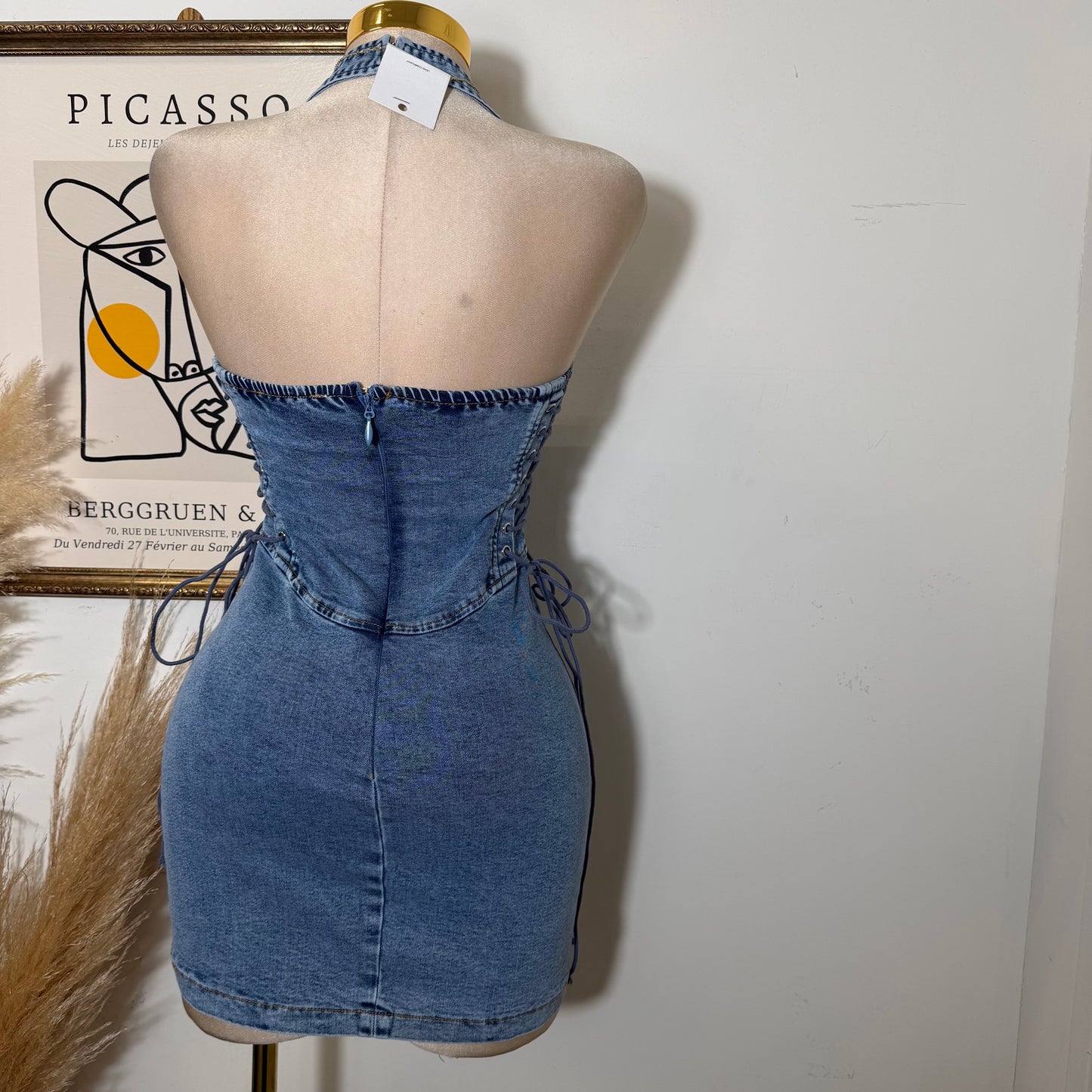 HALTER NECK SIDE LACE-UP DENIM MINI DRESS