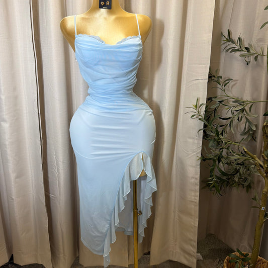 Mesh draped Slit Midi Dress-Baby Blue