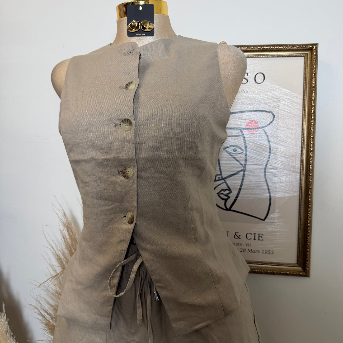 Vest Linen Set Shorts-Mushroom