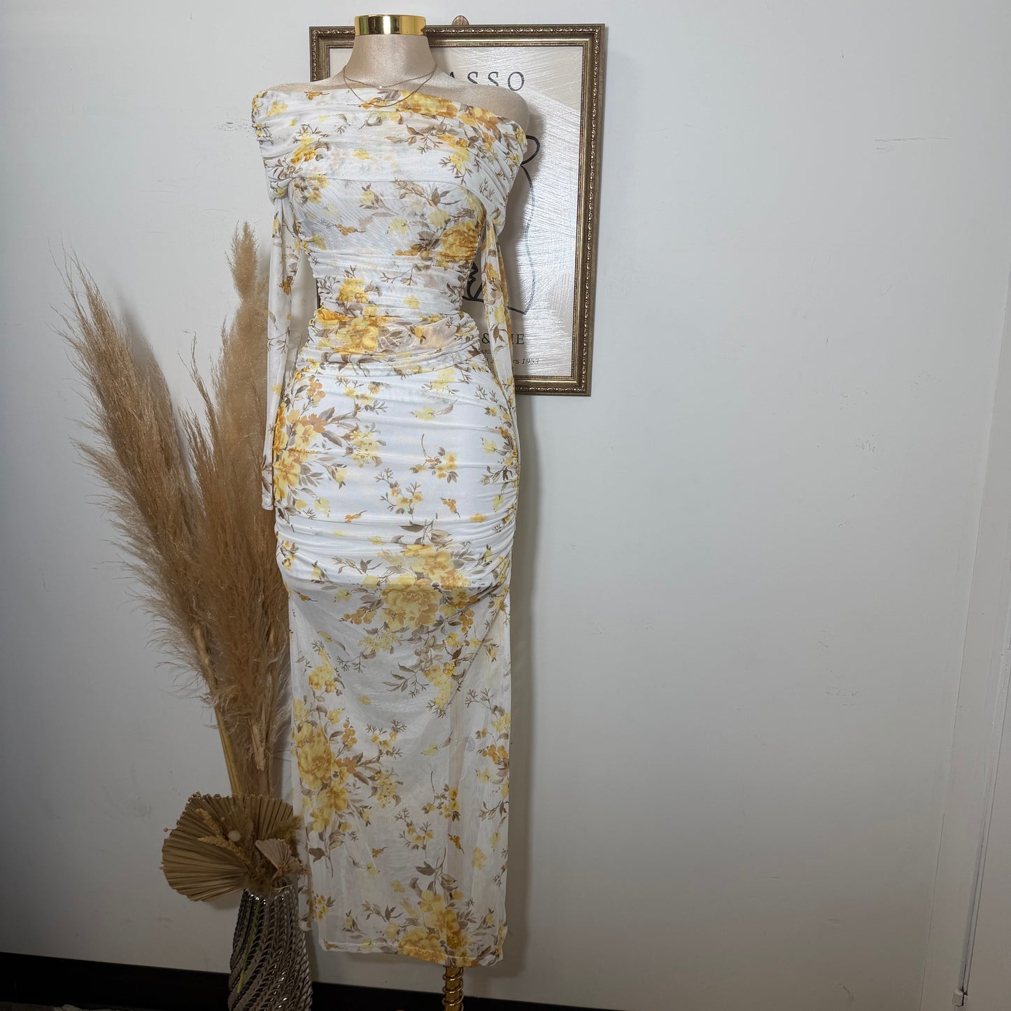 Off shoulder printed Mesh Top and ruched Maxi Skirt Set-Yellow Print