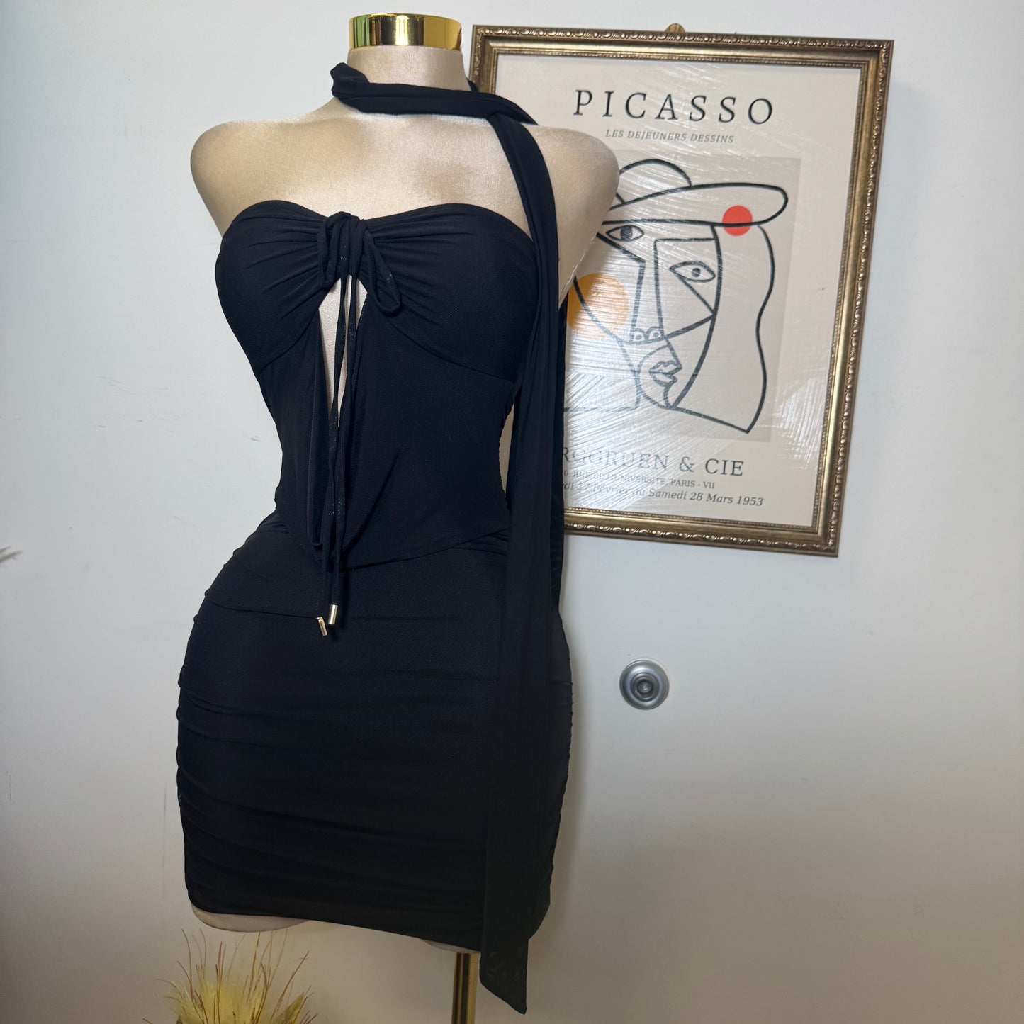 Mini Dress With Neck Scarf Detail-Black