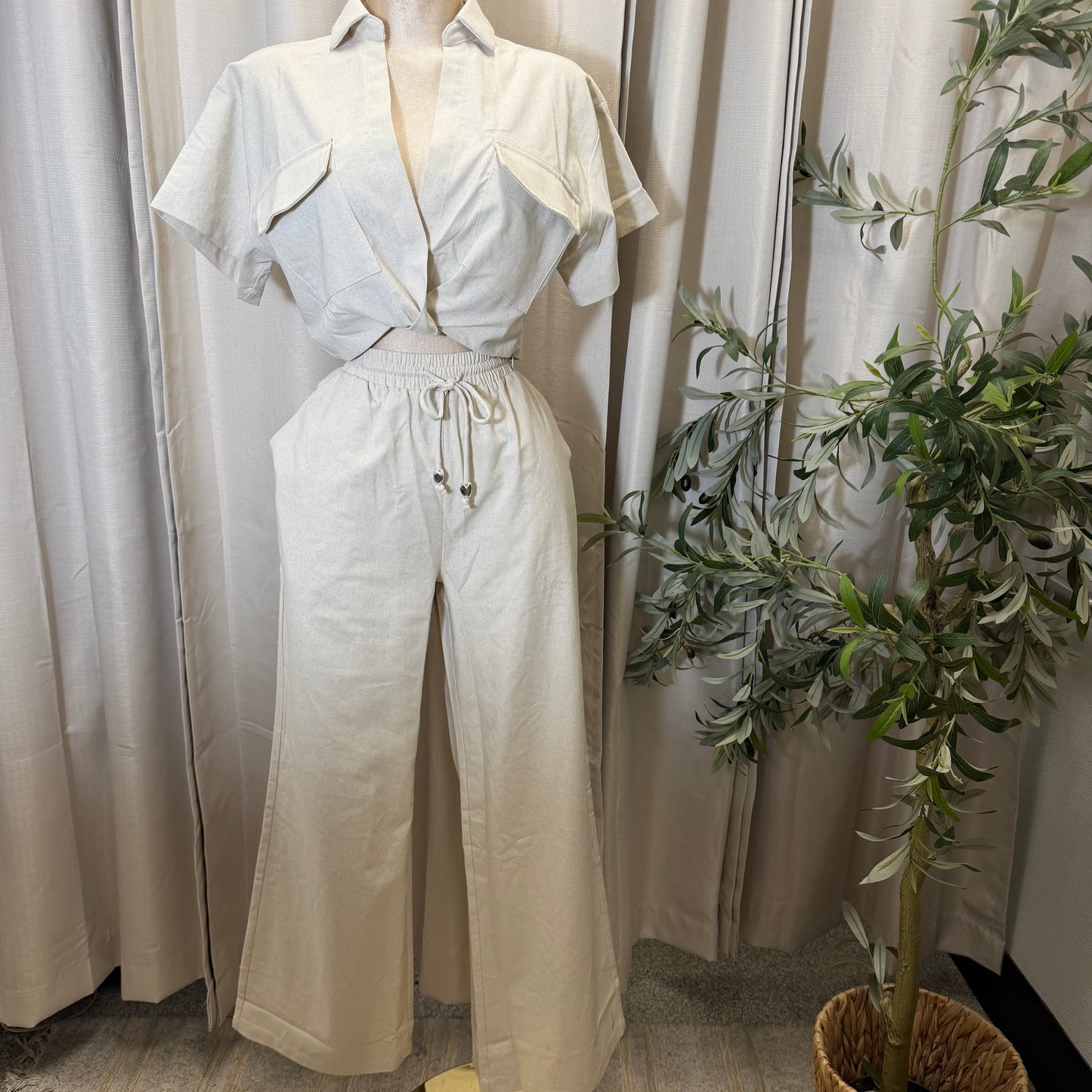 Front twist Top and wide leg pant Set-Beige