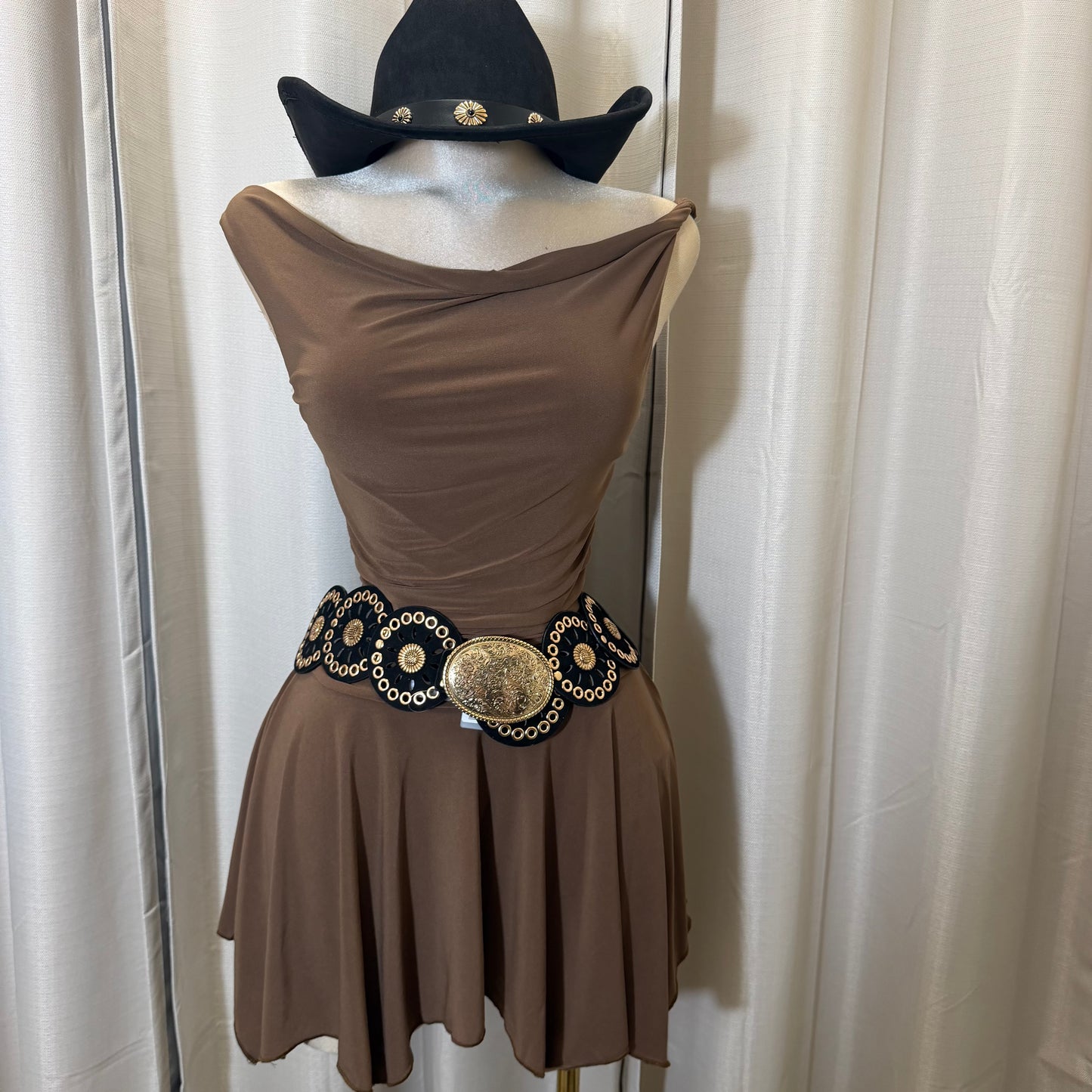 Cowl neck Ruched Mini asymmetrical Dress-Mocha