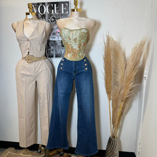 High Waisted Button Pants-Denim Blue
