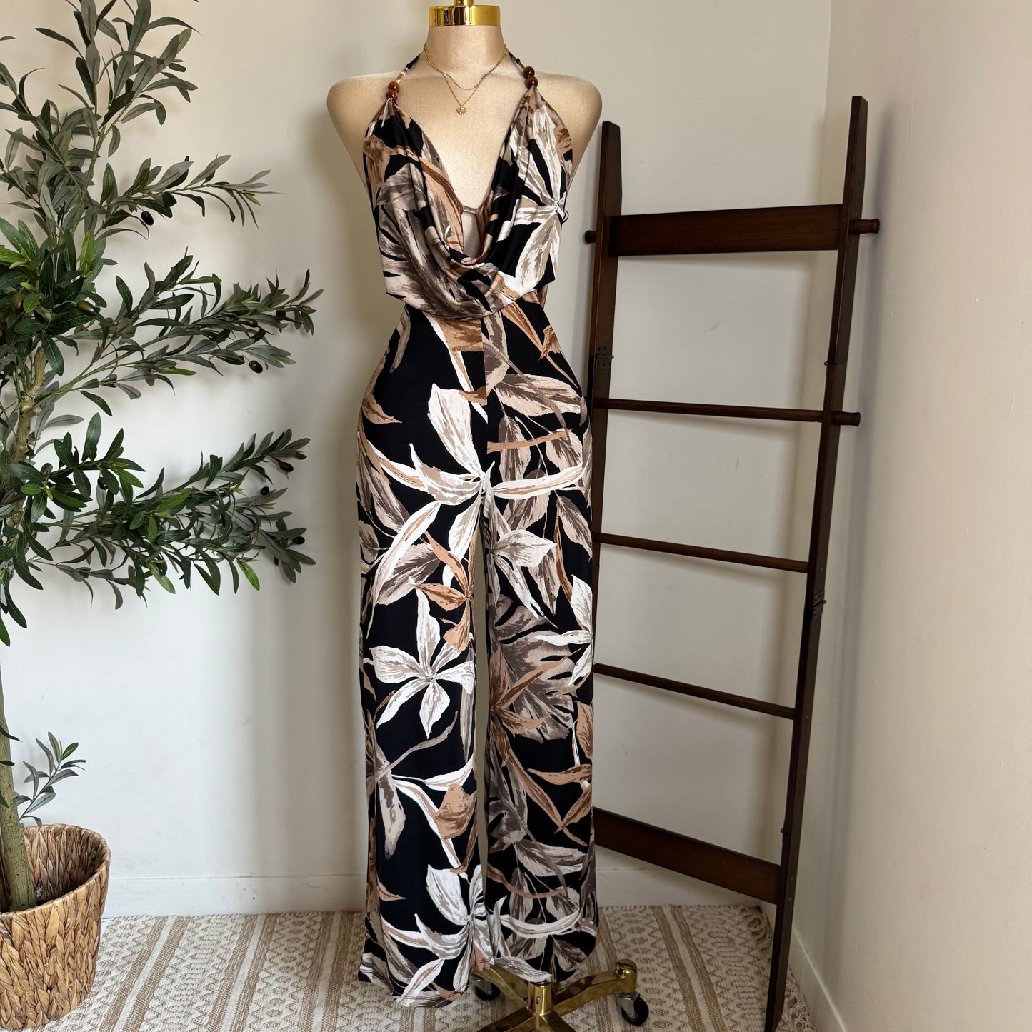 Bead Cowl Neck Halter Jumpsuit-Leaf Print