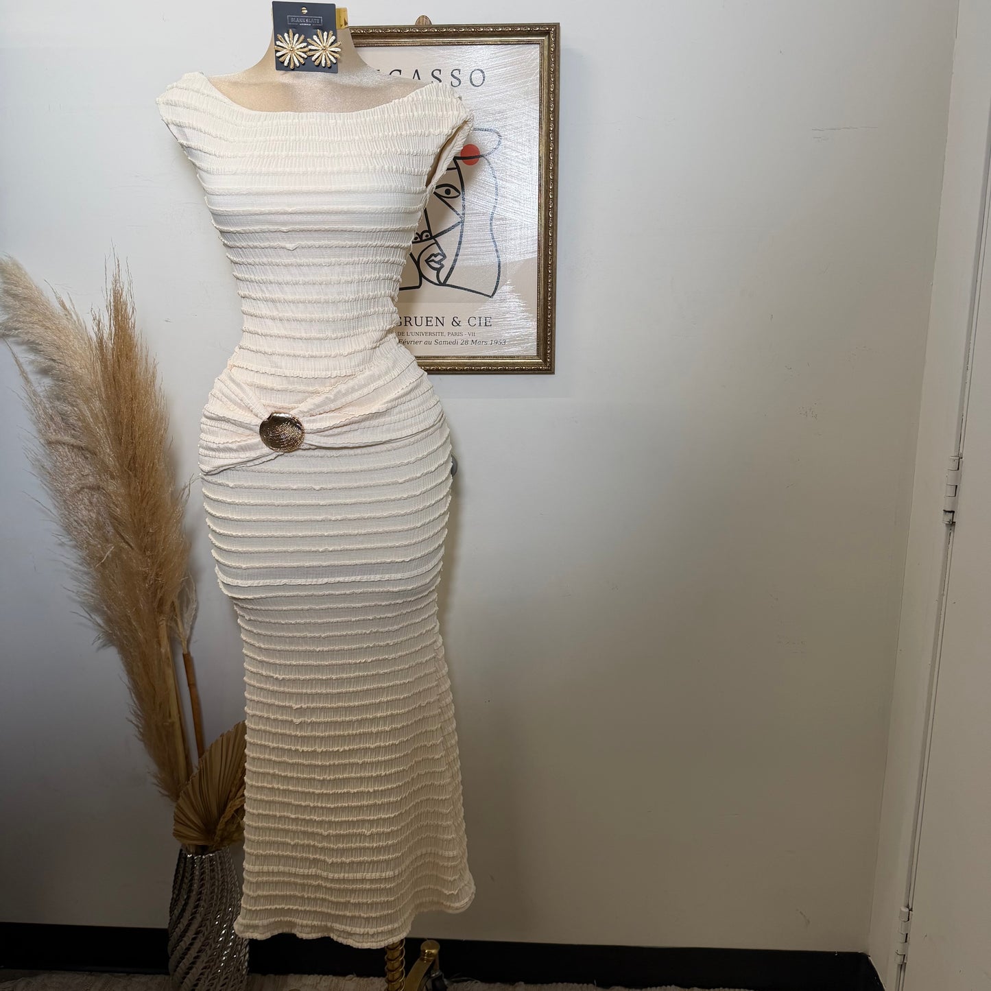 Textured Solid Off shoulder Maxi dress-Cream