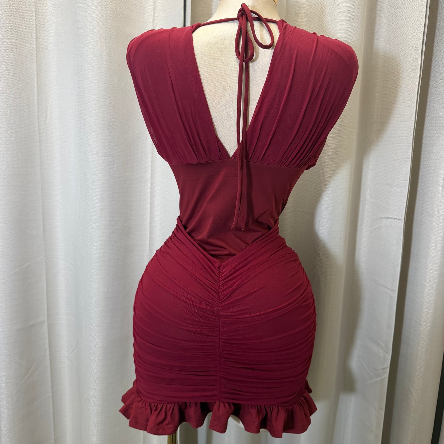 V-Neck Ruffle Mini Dress-Burgundy
