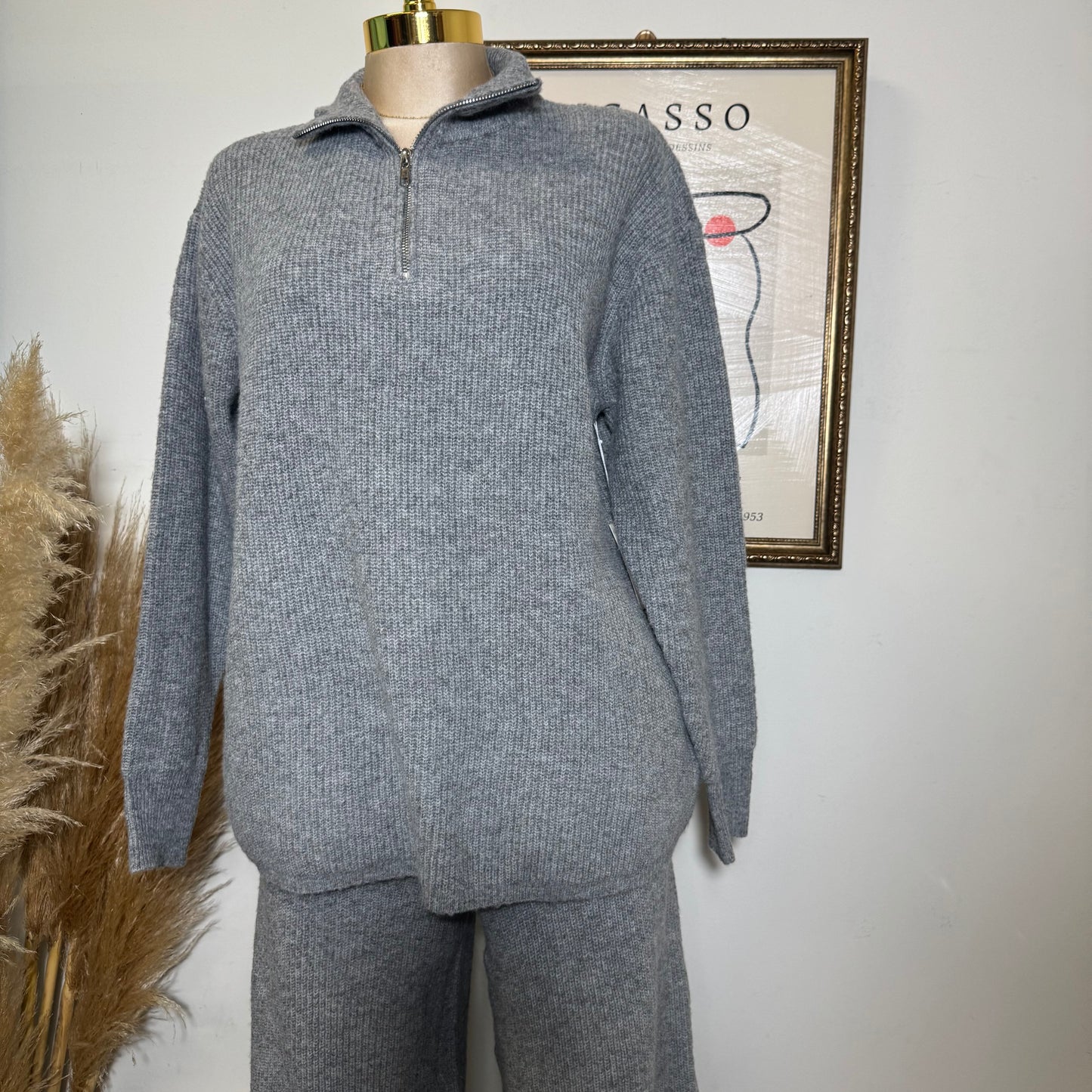 Quarter zip sweater and Pants Set-Heather Gray