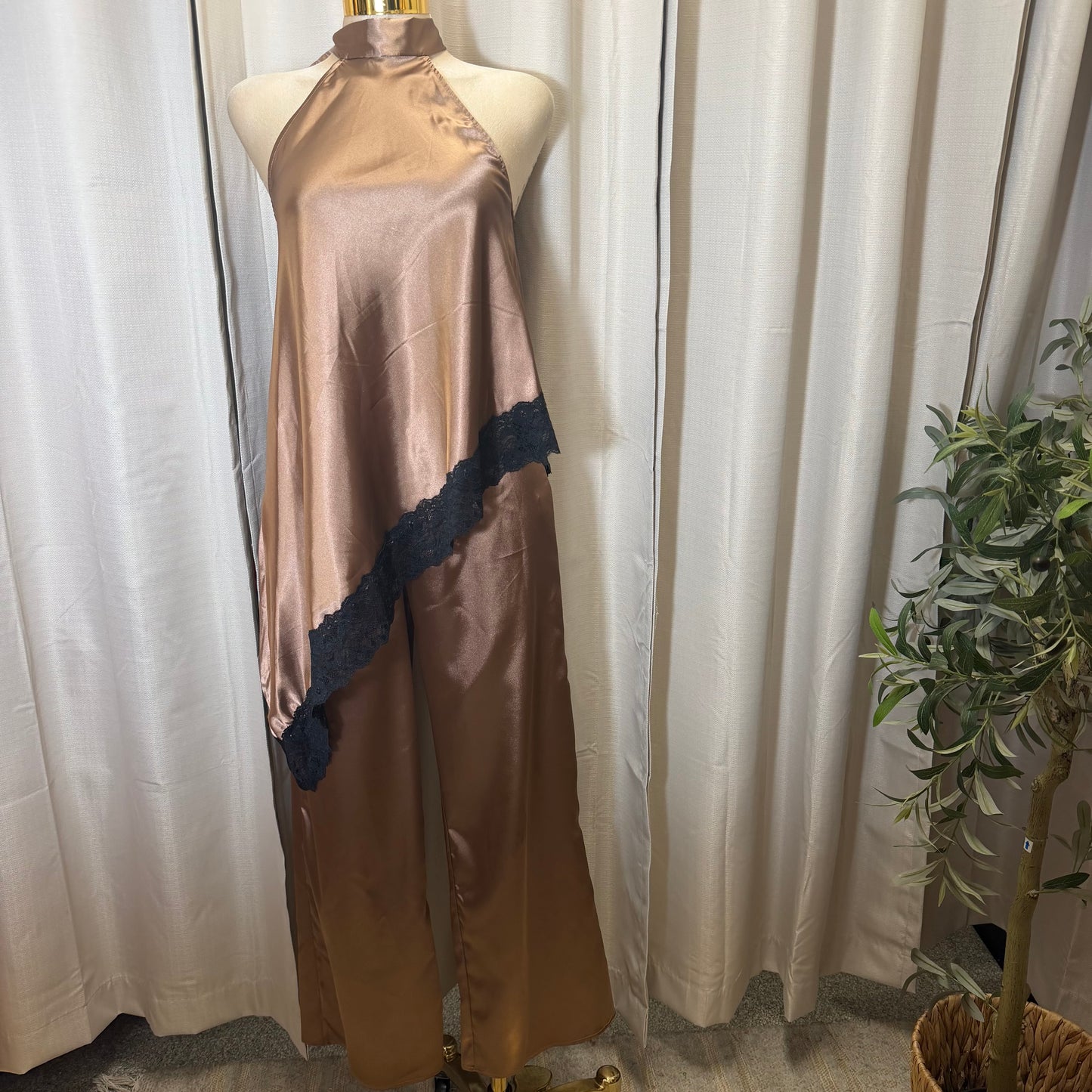 Asymmetrical Lace Top and Satin Pant Set-Brown