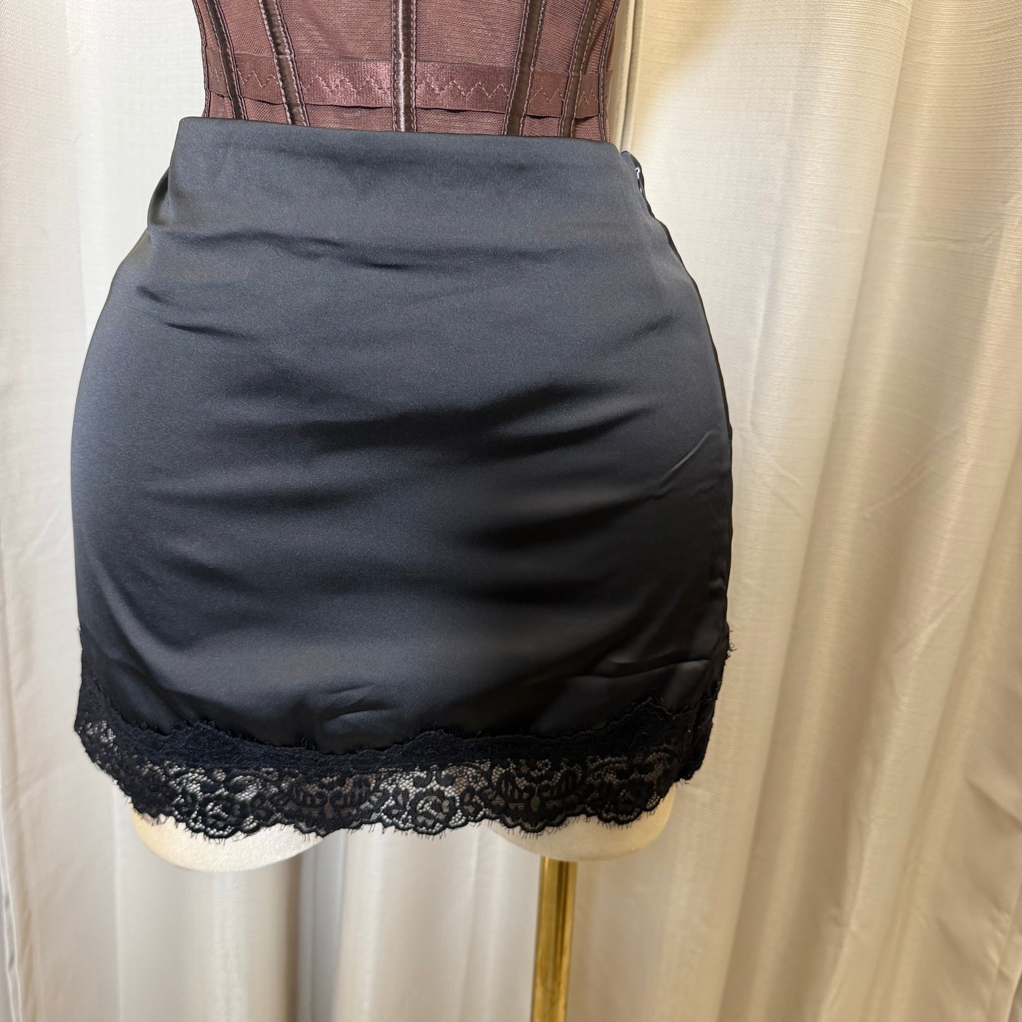 Satin Mini skirt with Lace Detail -black