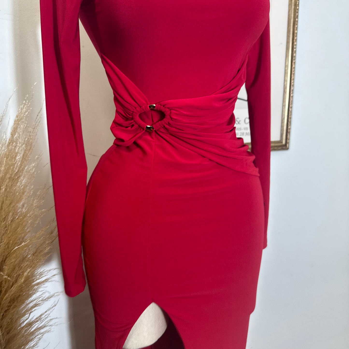 Long Sleeve Open Slit Dress-Red