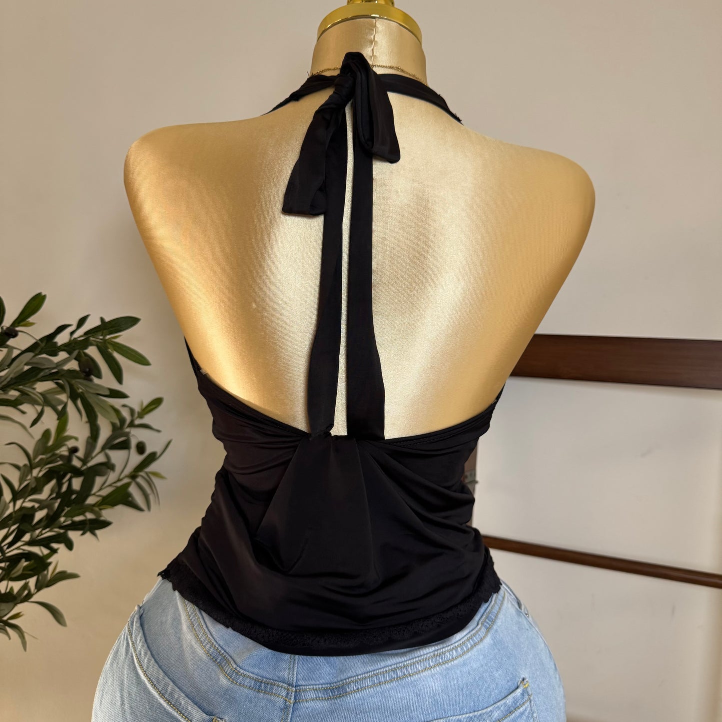 Halter Lace Detail Top PL-Black