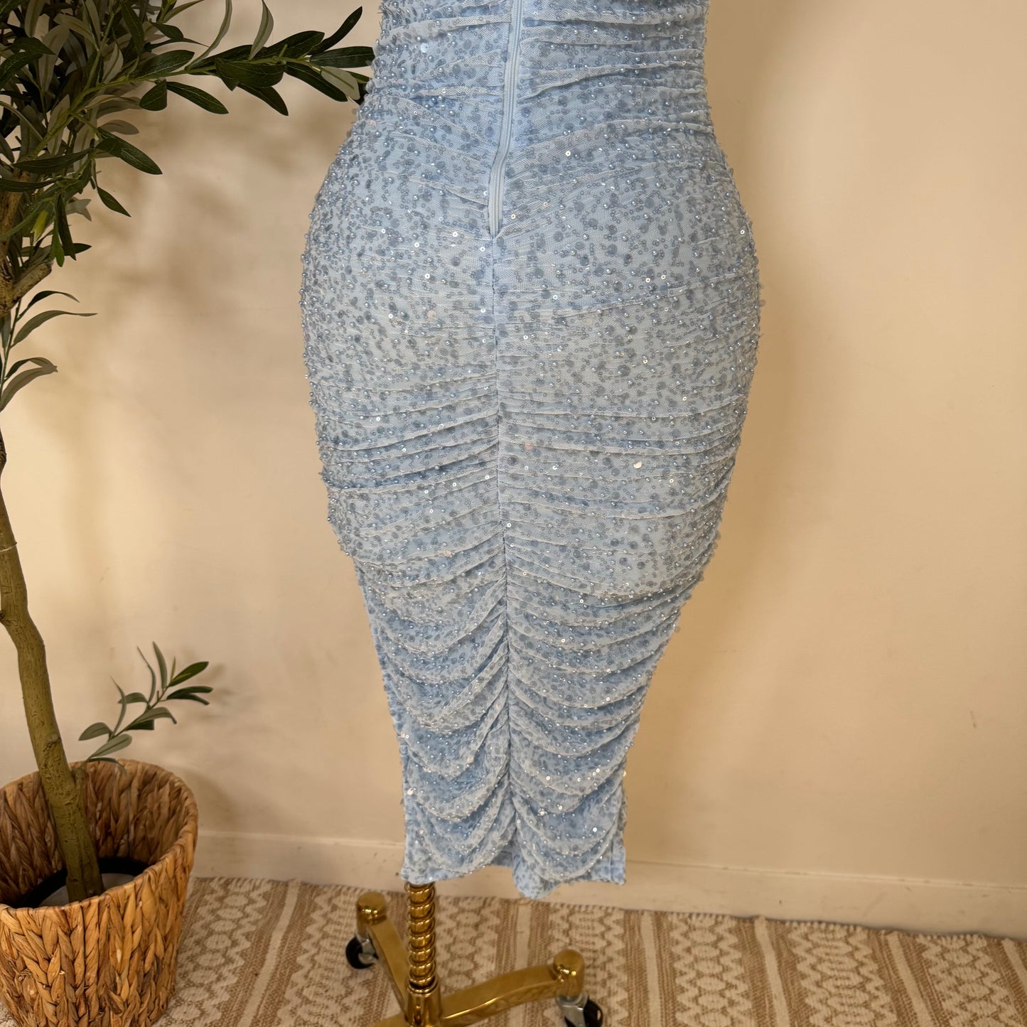 Bead and Sequin Ruched Midi dress-Blue