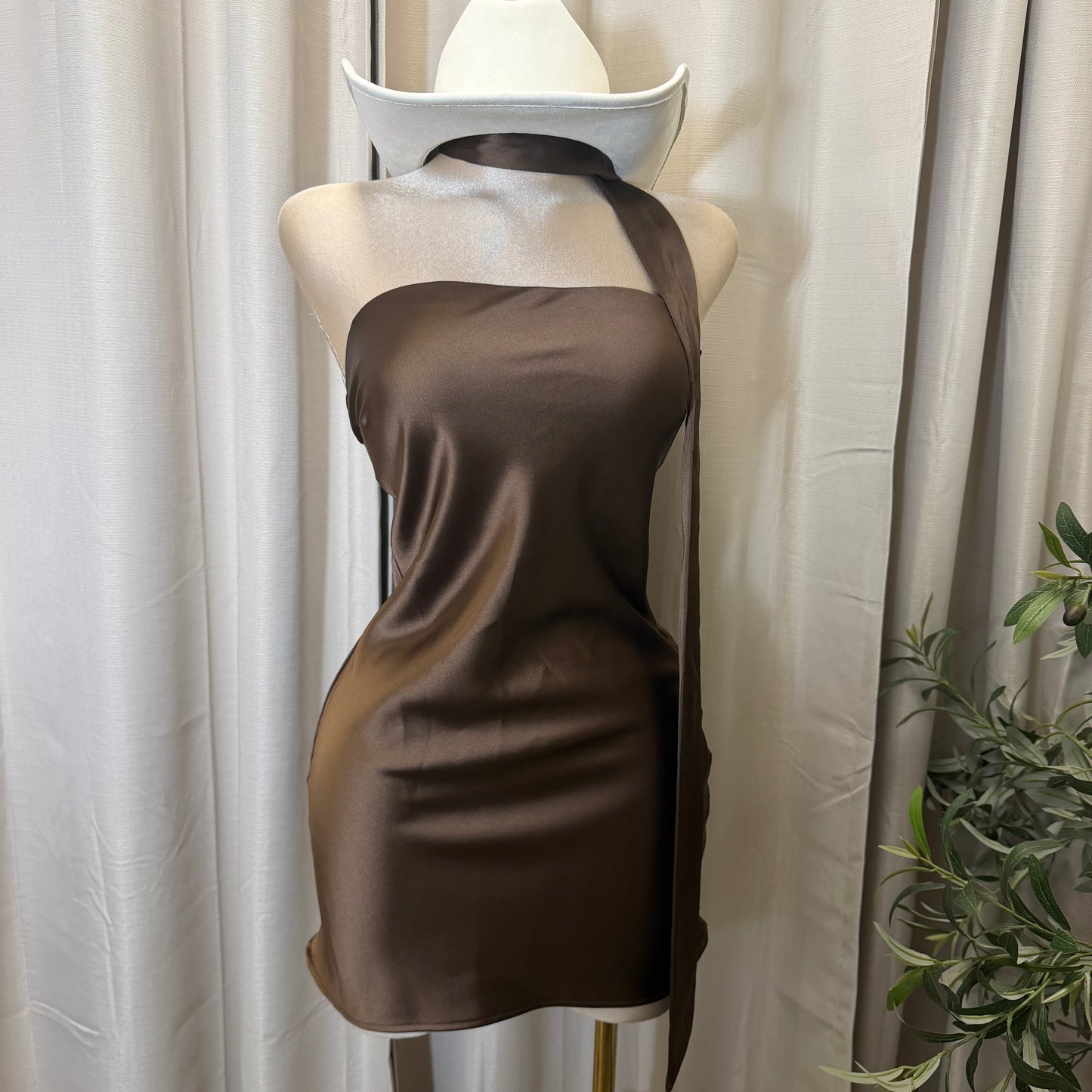 Satin strapless Mini Dress-Brown